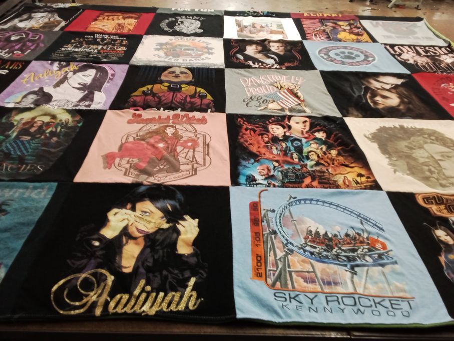 T-shirt quilt with music, comics themes by Jennifer from WV