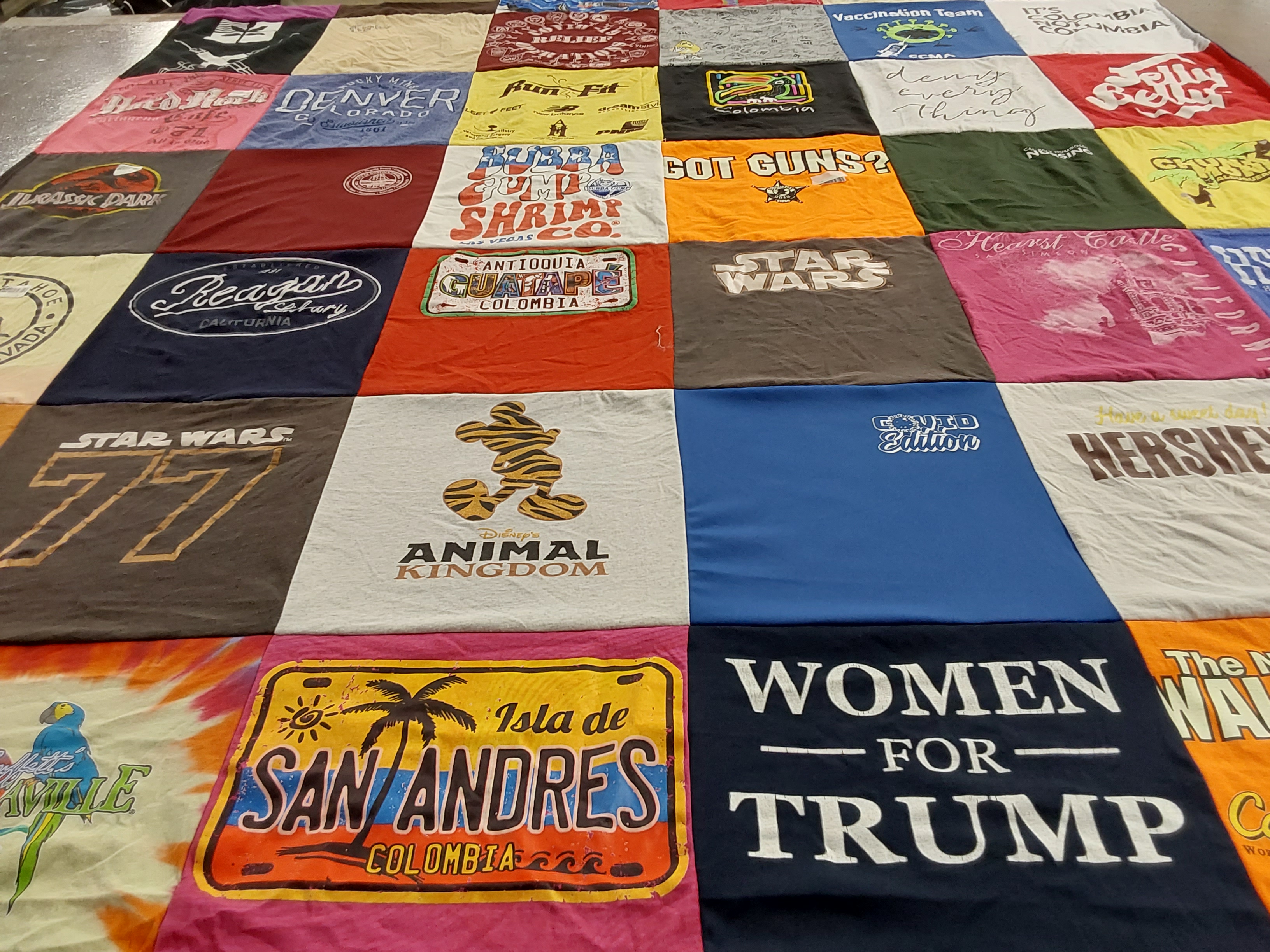 T-shirt quilt with disney, politics themes by Yamileth from CA