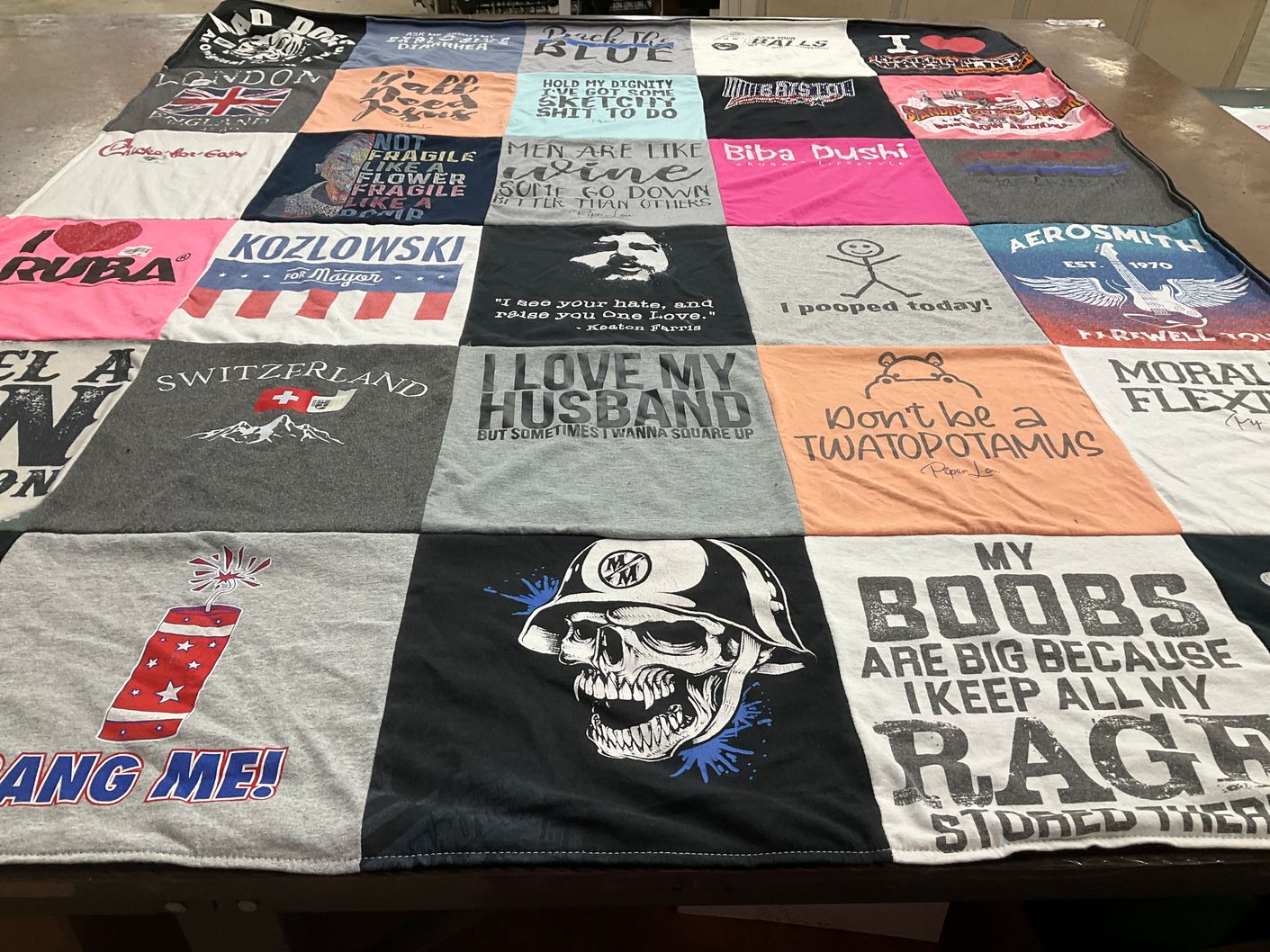 T-shirt quilt with travel, humor themes by Cheryl from AZ