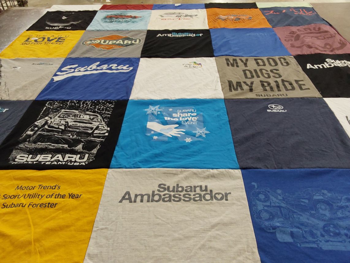 T-shirt quilt with automobiles, dogs themes by Judith from NH