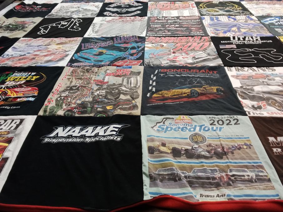 T-shirt quilt with motorsports, auto racing themes by Mary from NV
