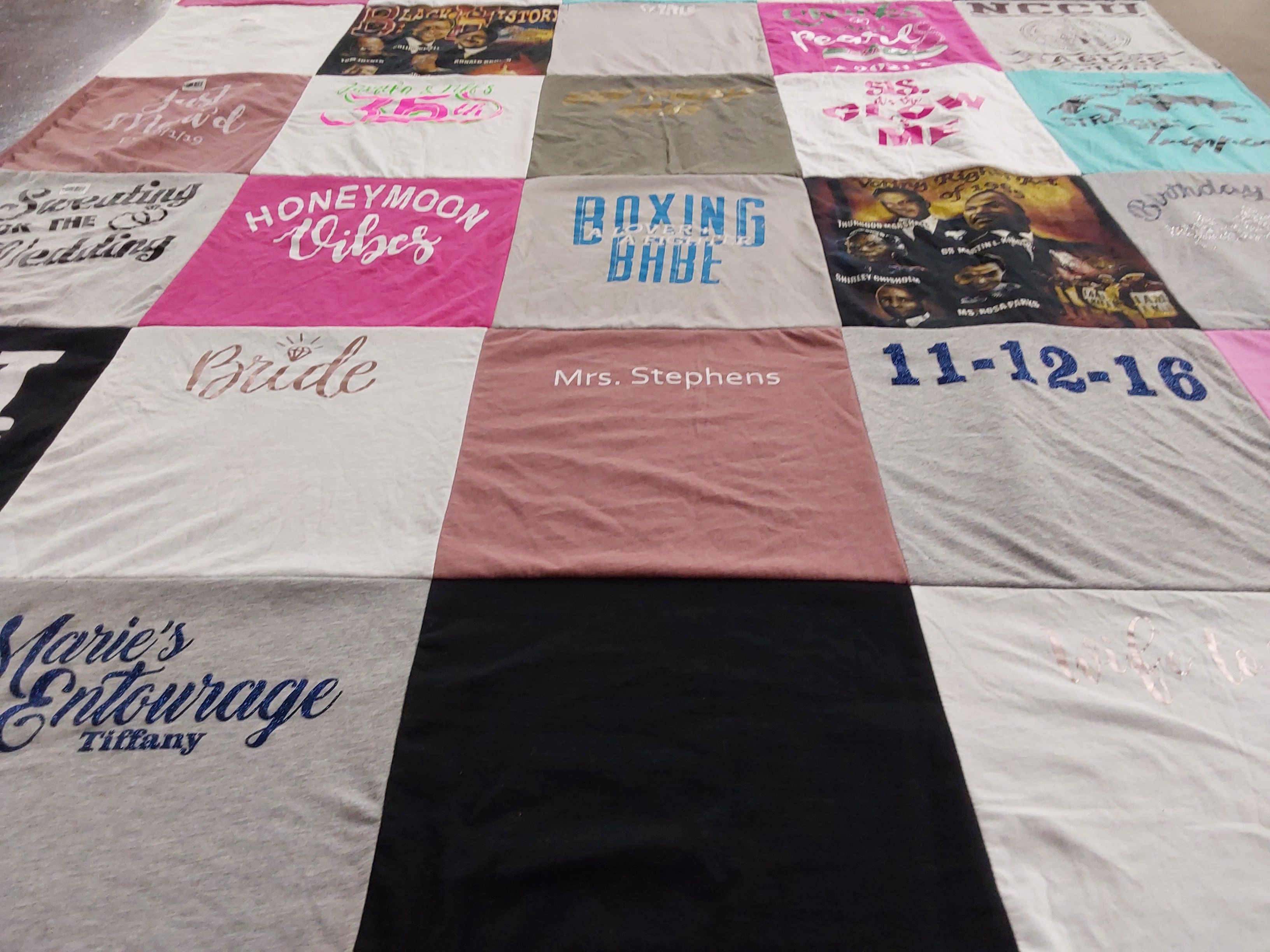 T-shirt quilt with weddings, birthdays themes by Tiffany from NC