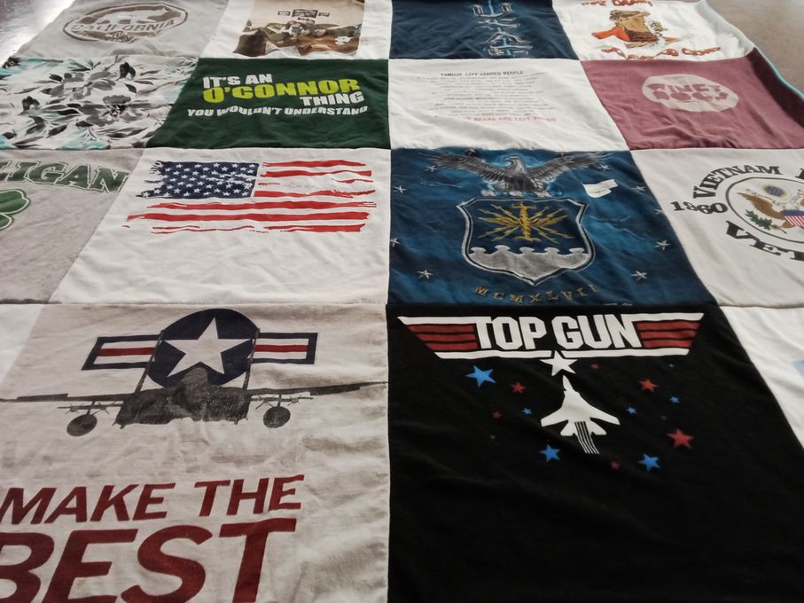 T-shirt quilt with military, aviation themes by Donna from CA