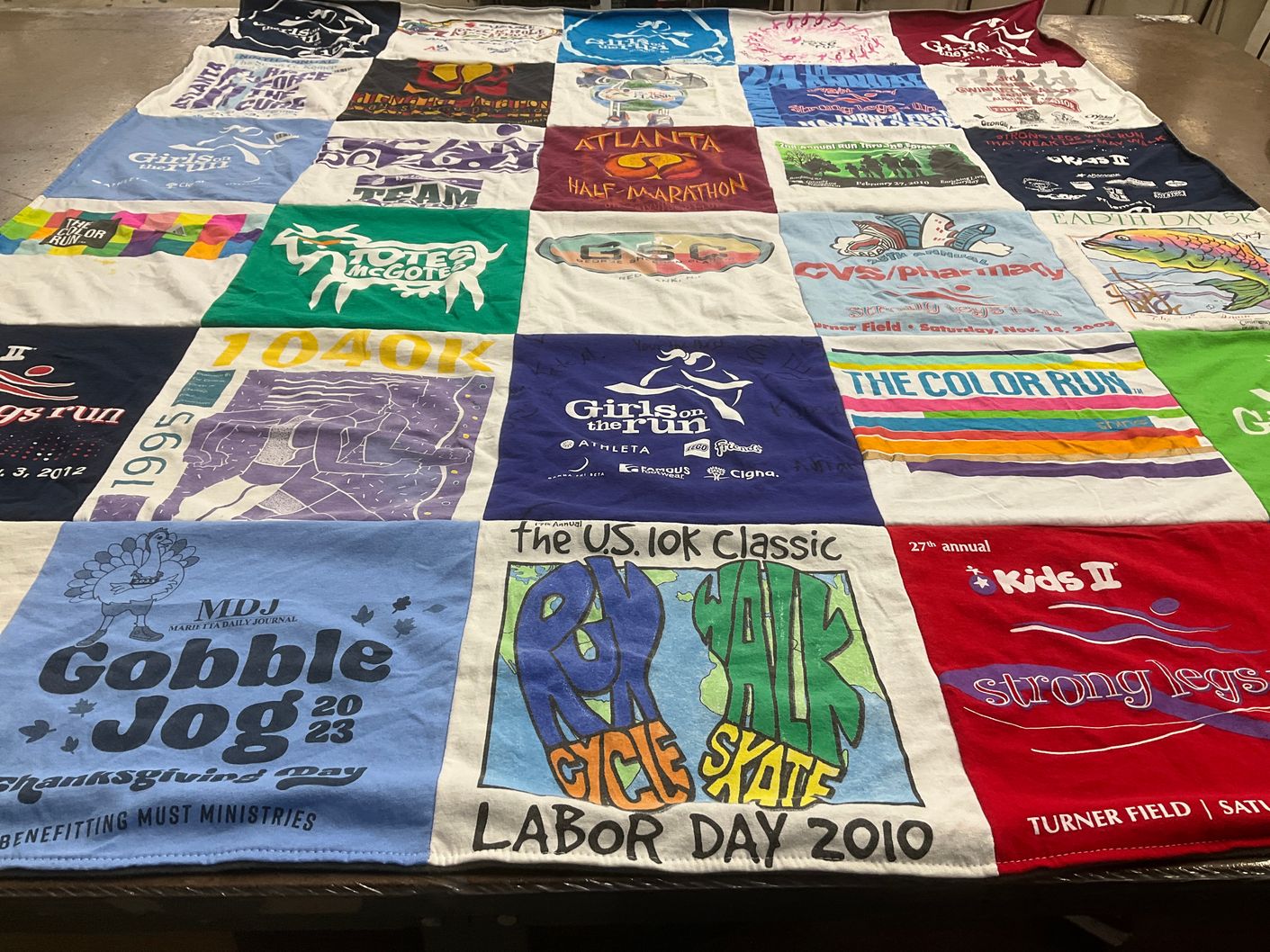 T-shirt quilt with running, fundraising themes by Kristin from GA