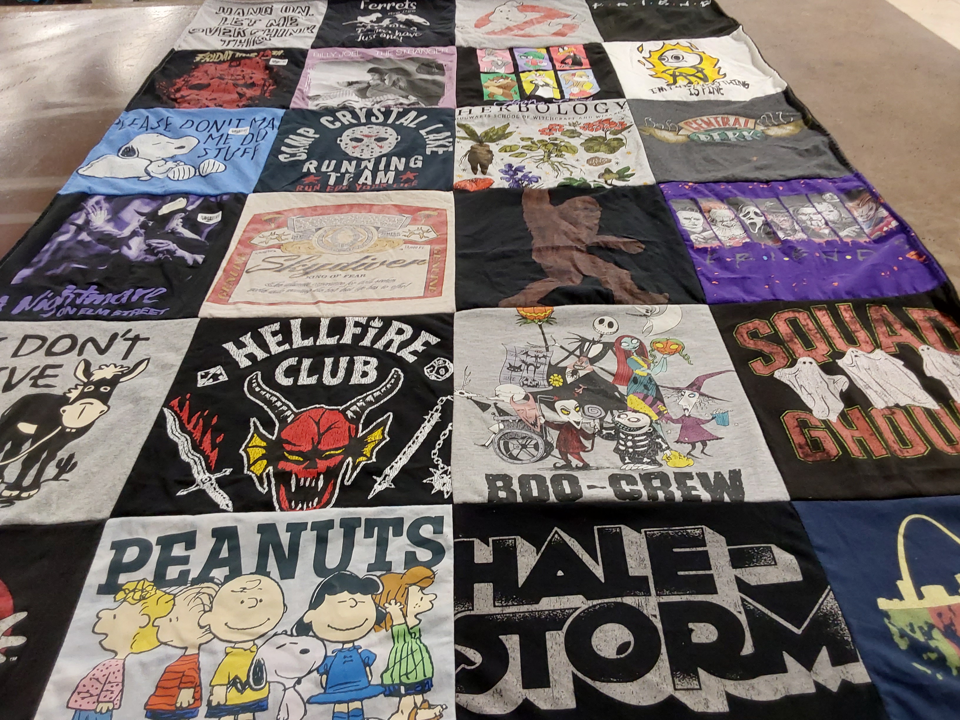 T-shirt quilt with halloween, music themes by Kim from NC
