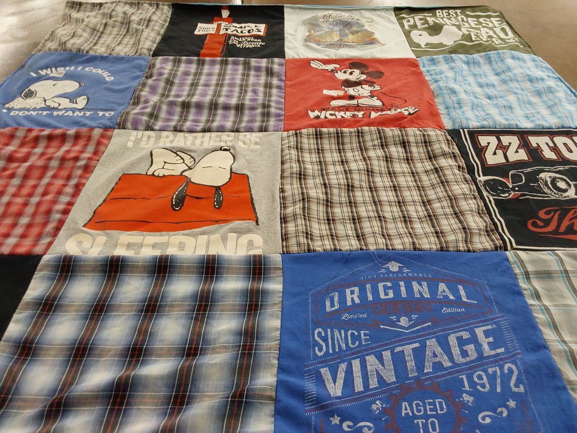 T-shirt quilt with snoopy, mickey mouse themes by Kim from CA