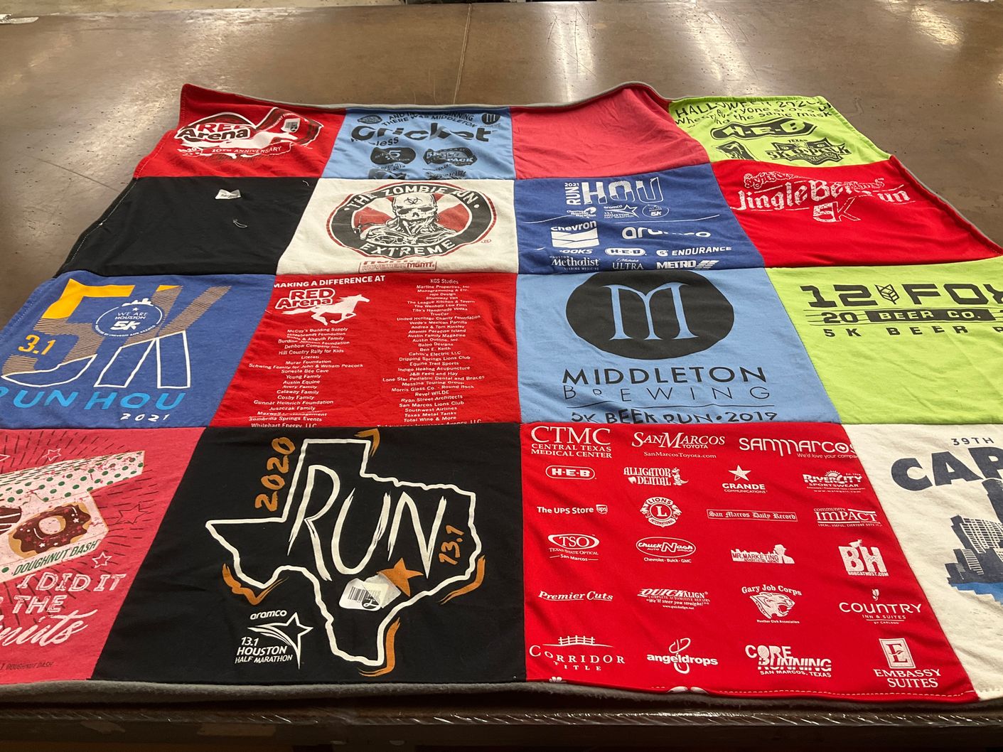 T-shirt quilt with running, beer themes by Venus from TX
