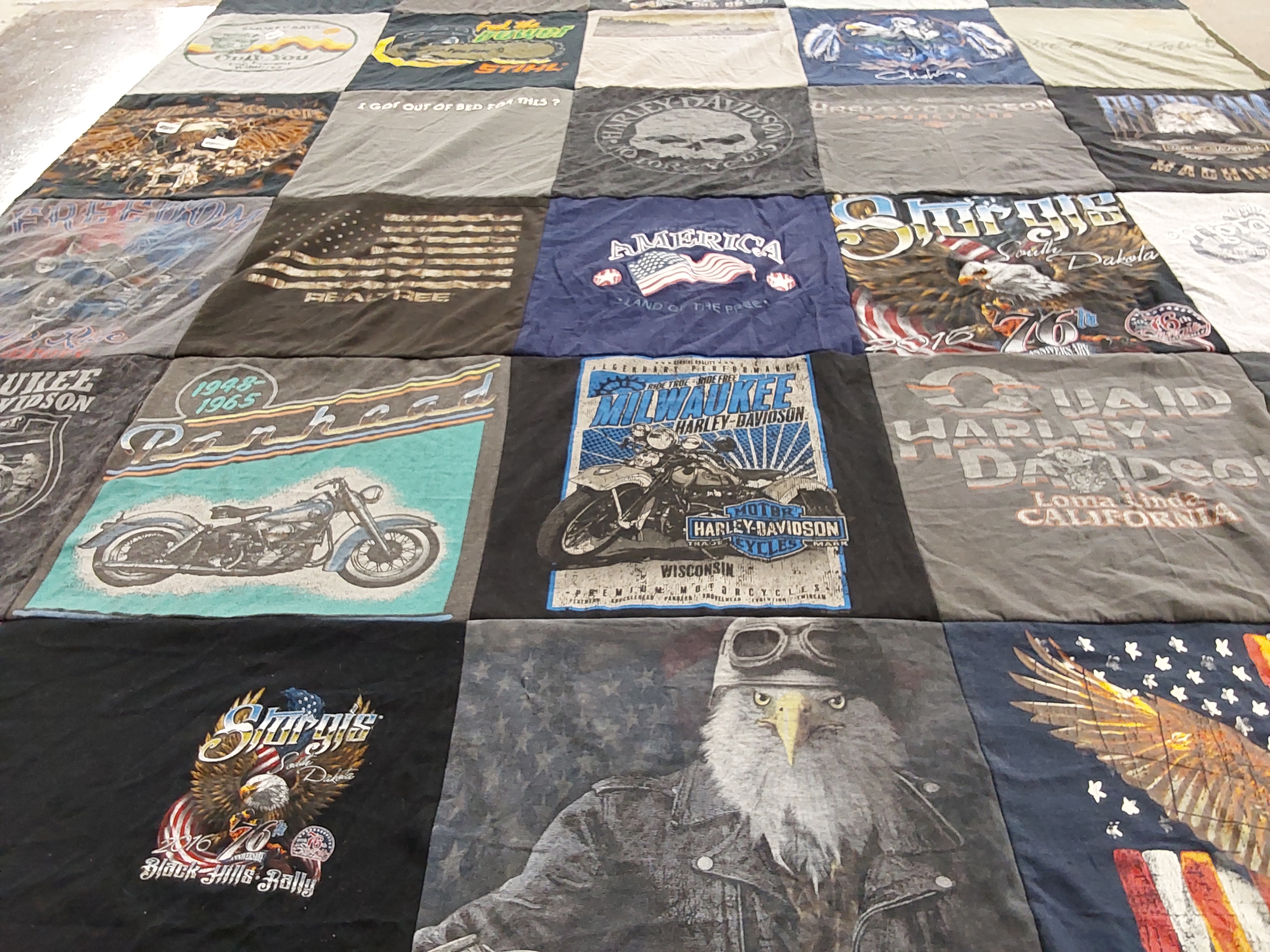 T-shirt quilt with motorcycles, biking themes by Kim from MN