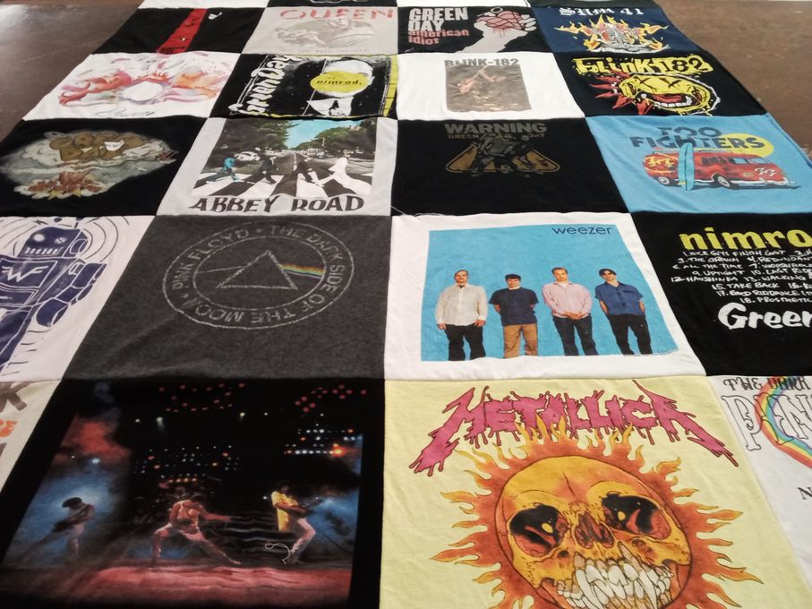 T-shirt quilt with music, rock themes by Dawn from DE