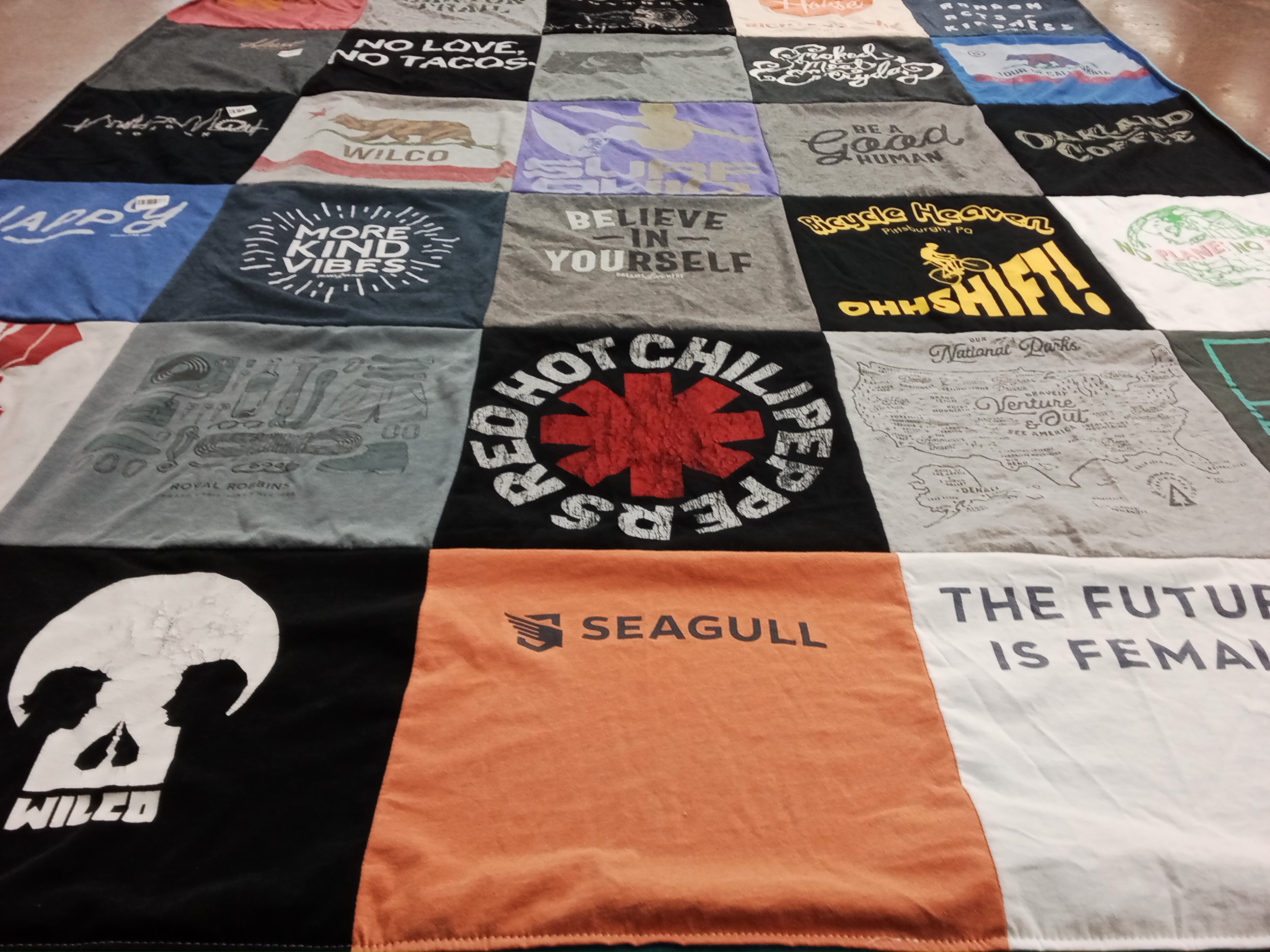 T-shirt quilt with music, positivity themes by Paula from OH