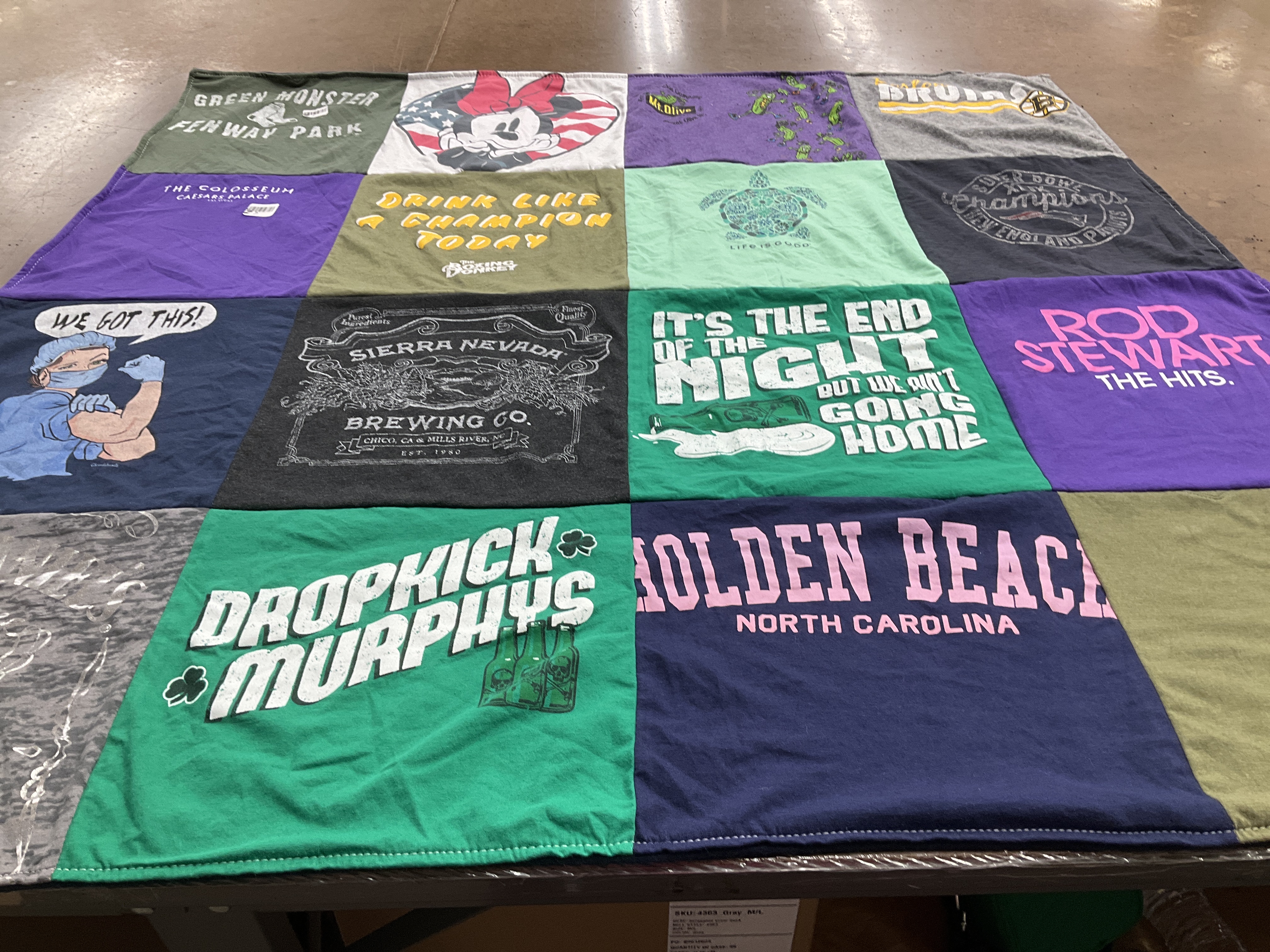 T-shirt quilt with brewing, music themes by Sullivan, from NC