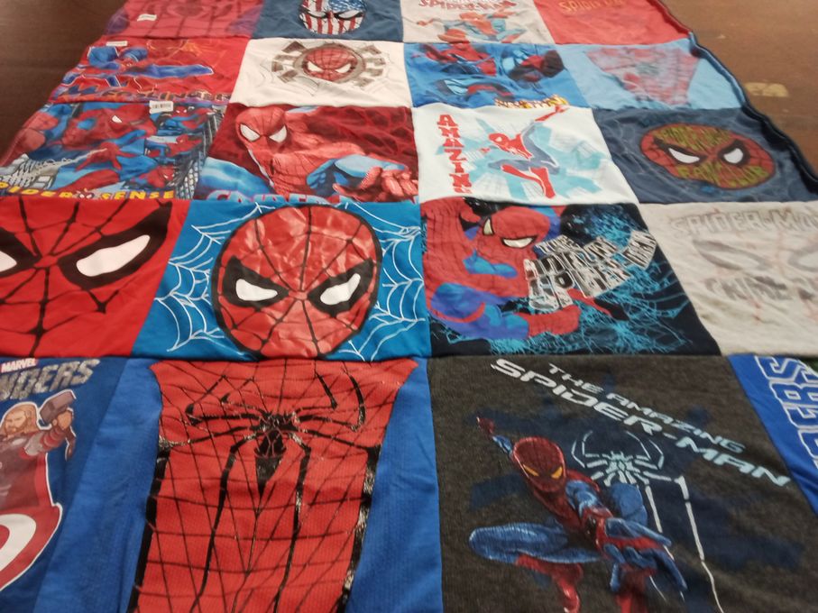 T-shirt quilt with comics, superheroes themes by Marie from CA