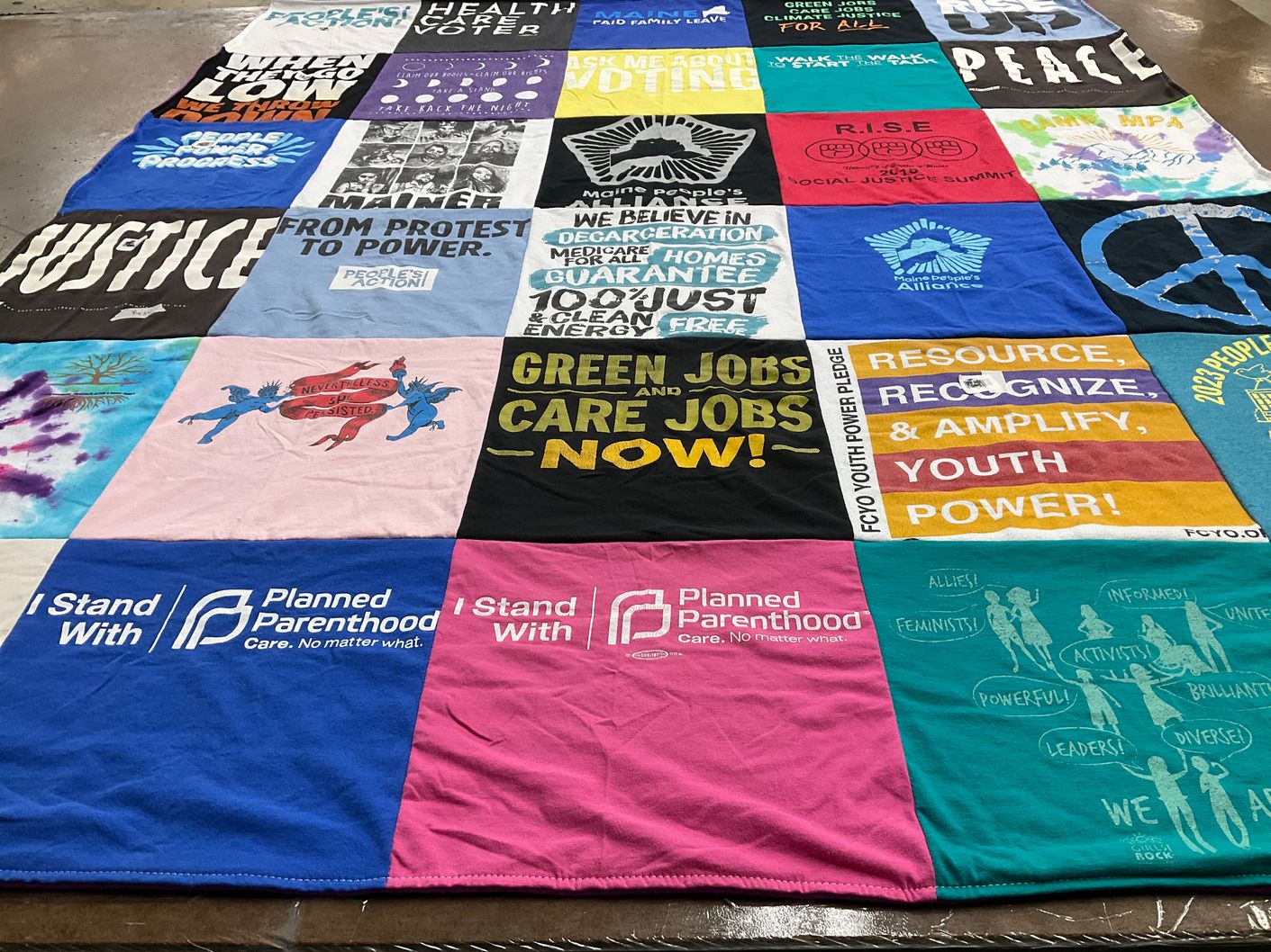T-shirt quilt with social justice, activism themes by Esther from ME