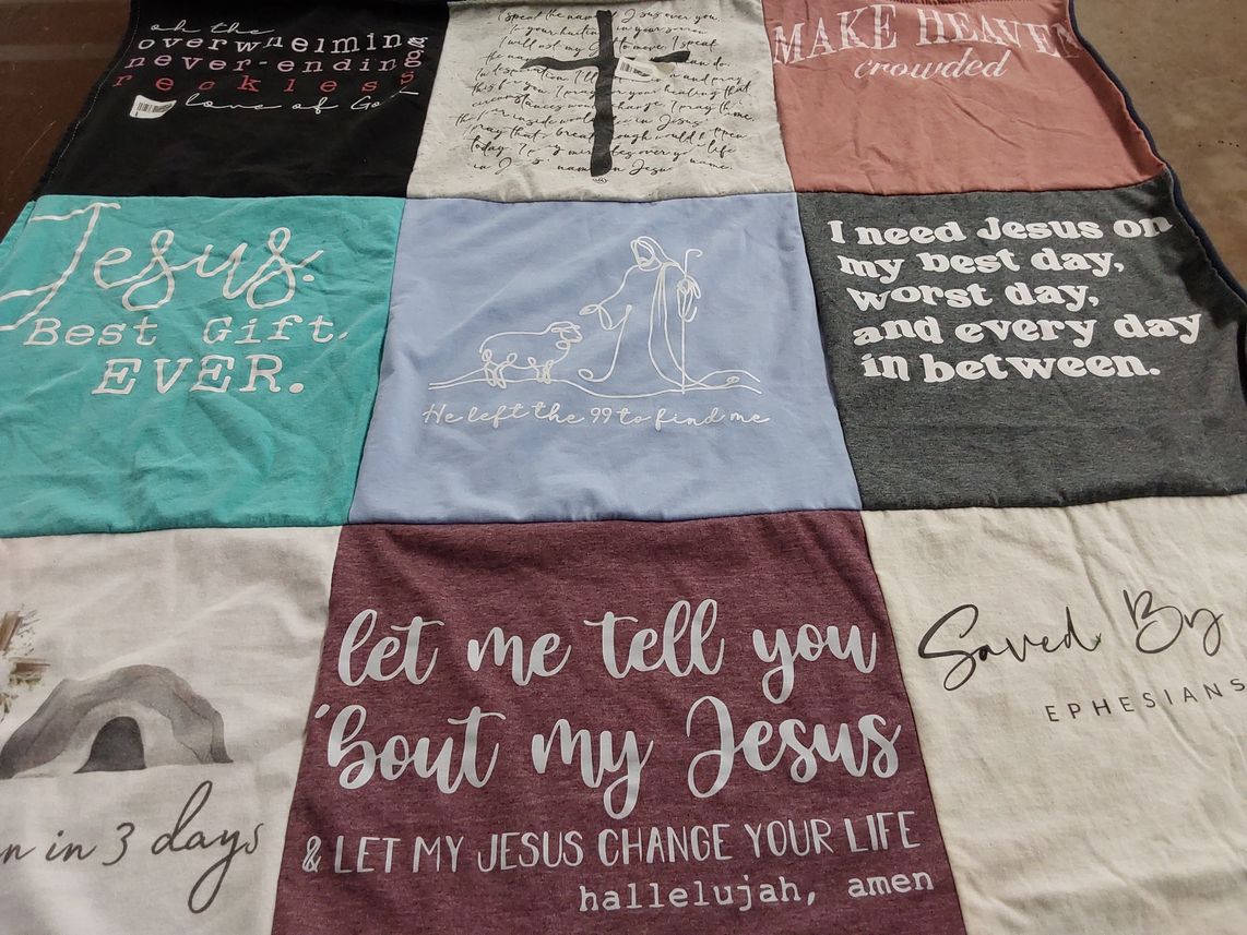 T-shirt quilt with religion, spirituality themes by Debby from KY