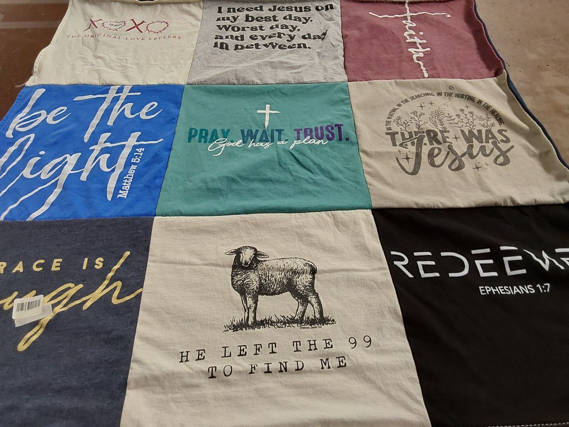 T-shirt quilt with faith, christianity themes by Debby from KY