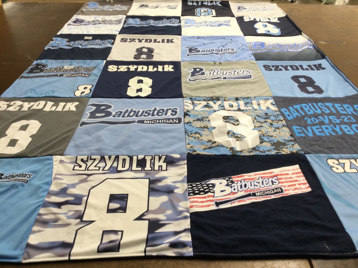 T-shirt quilt with softball, sports themes by Connie from MI