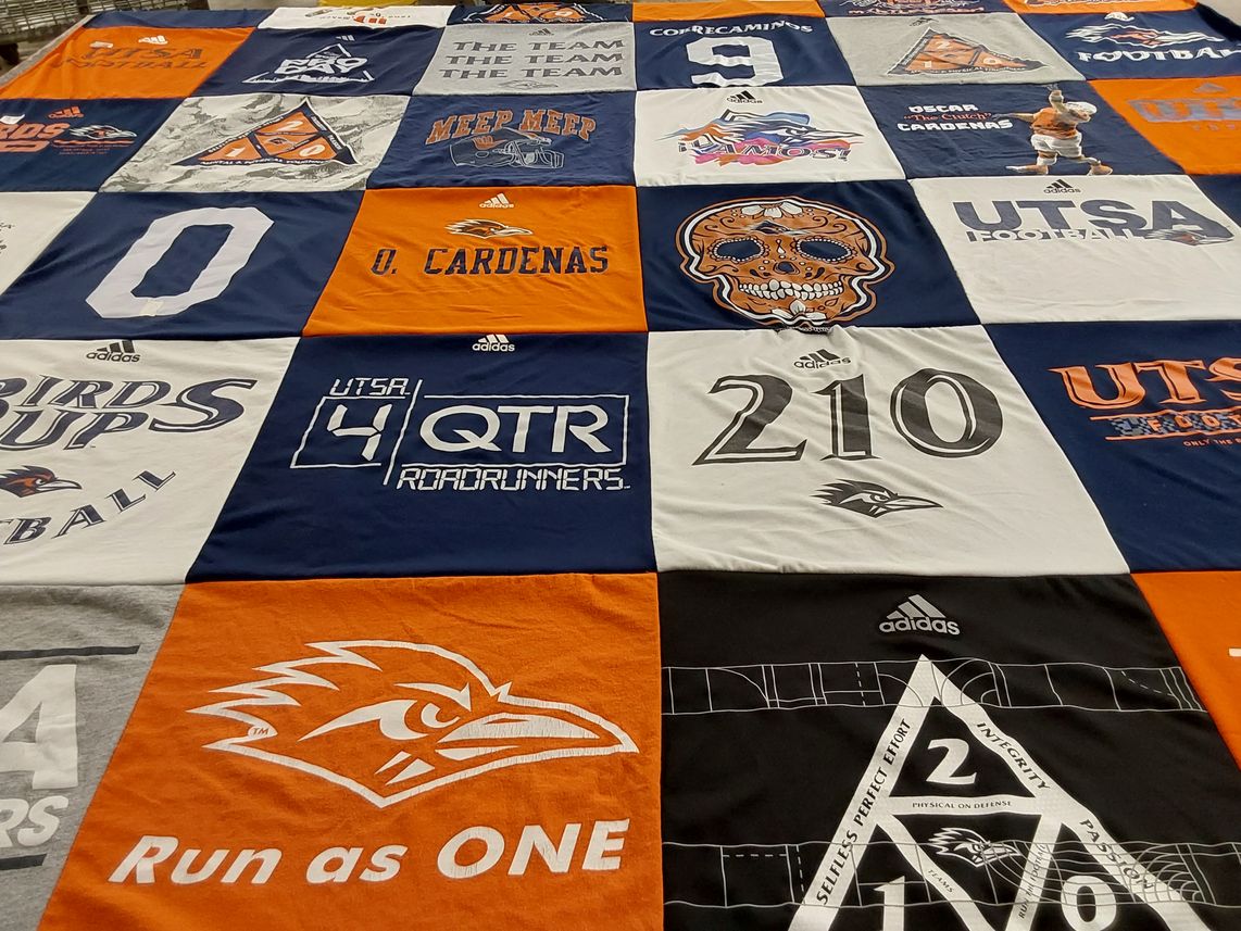T-shirt quilt featuring utsa roadrunners by Oscar from TX
