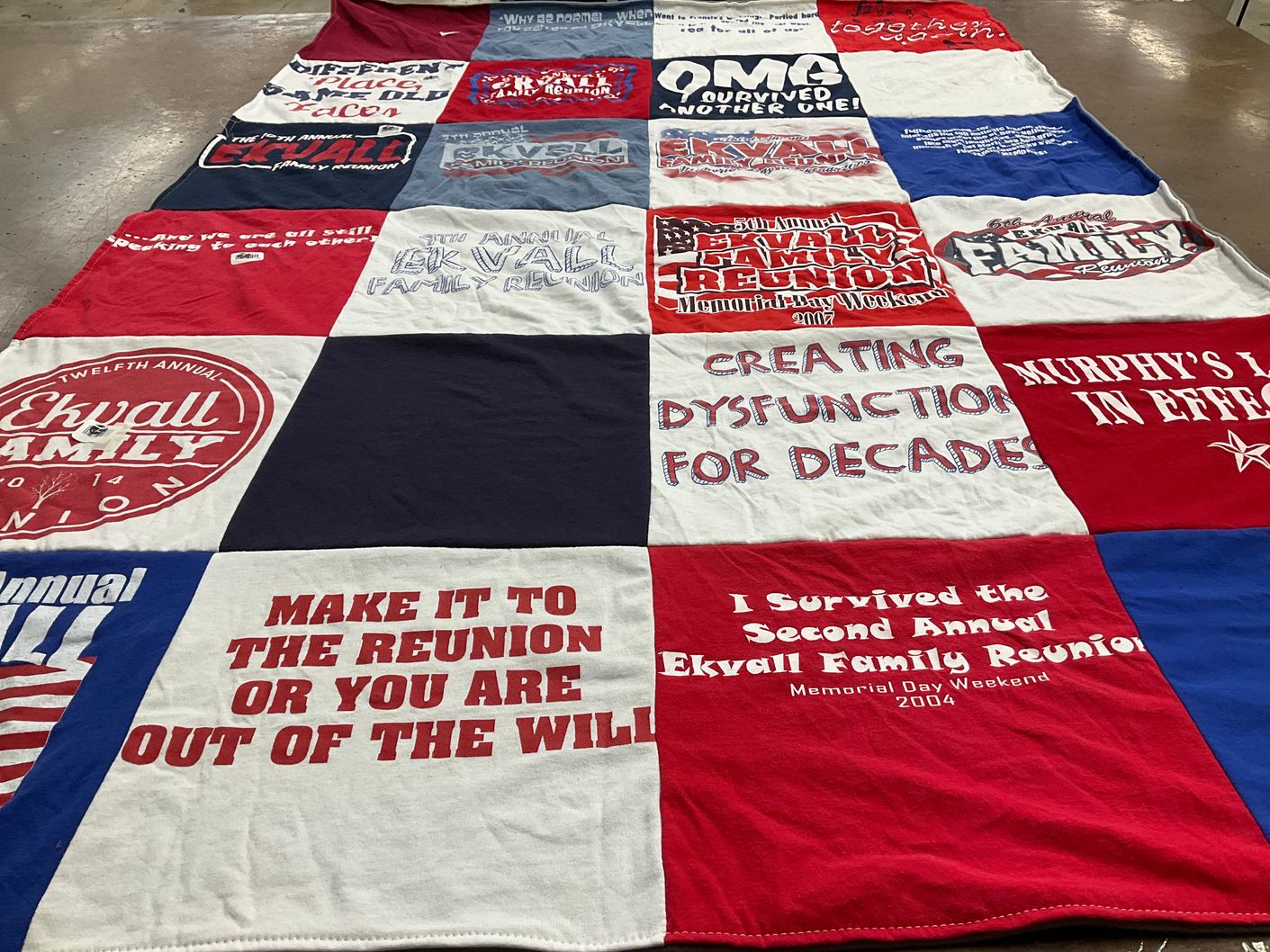 T-shirt quilt with family gatherings, reunions themes by Cristin from TX