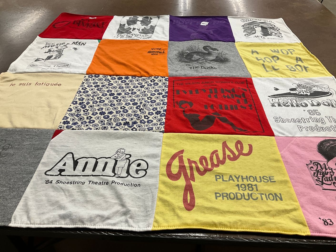 T-shirt quilt with theater, musicals themes by Kathy from OK