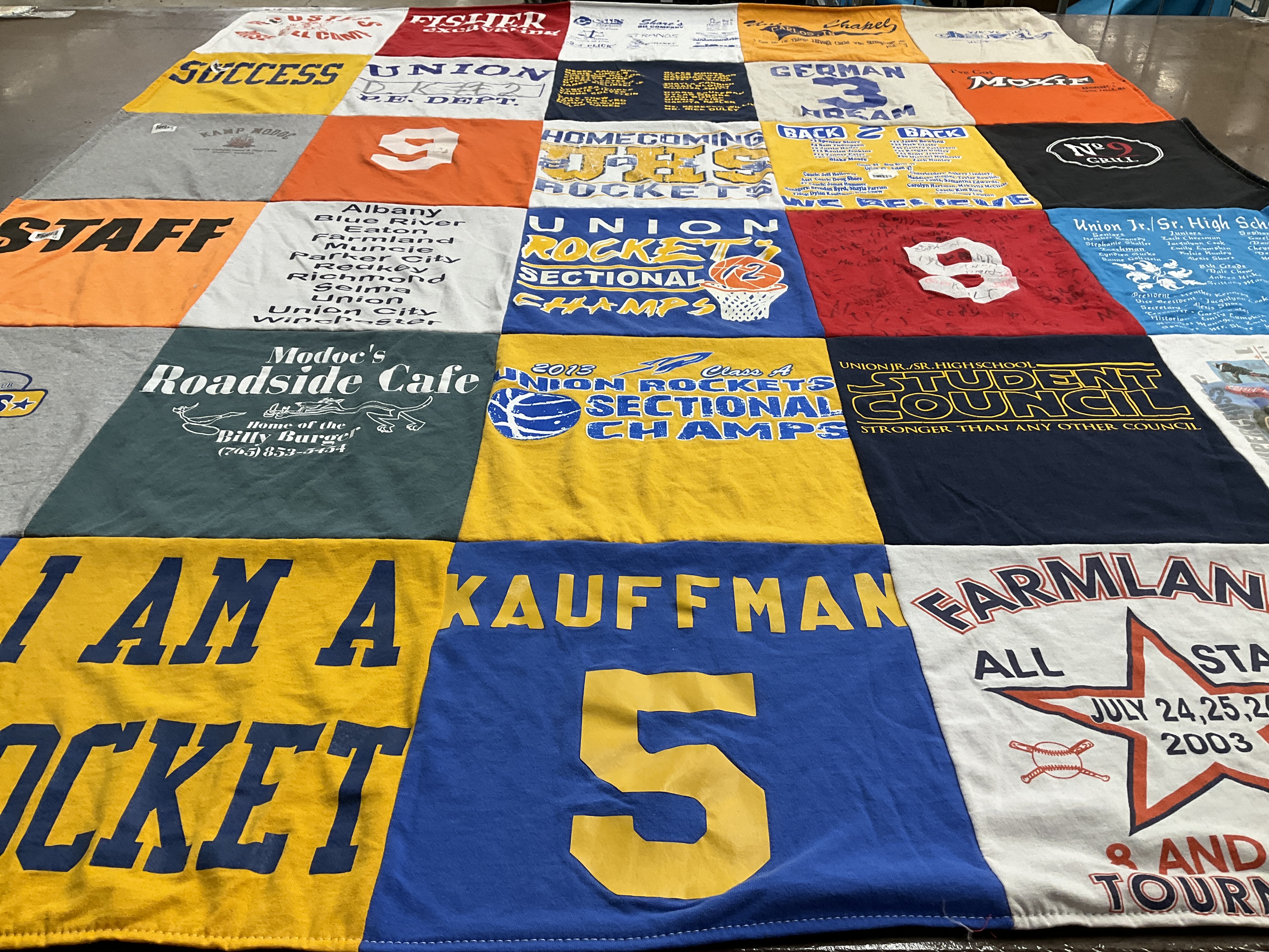 T-shirt quilt featuring union rockets by Mendy from IN