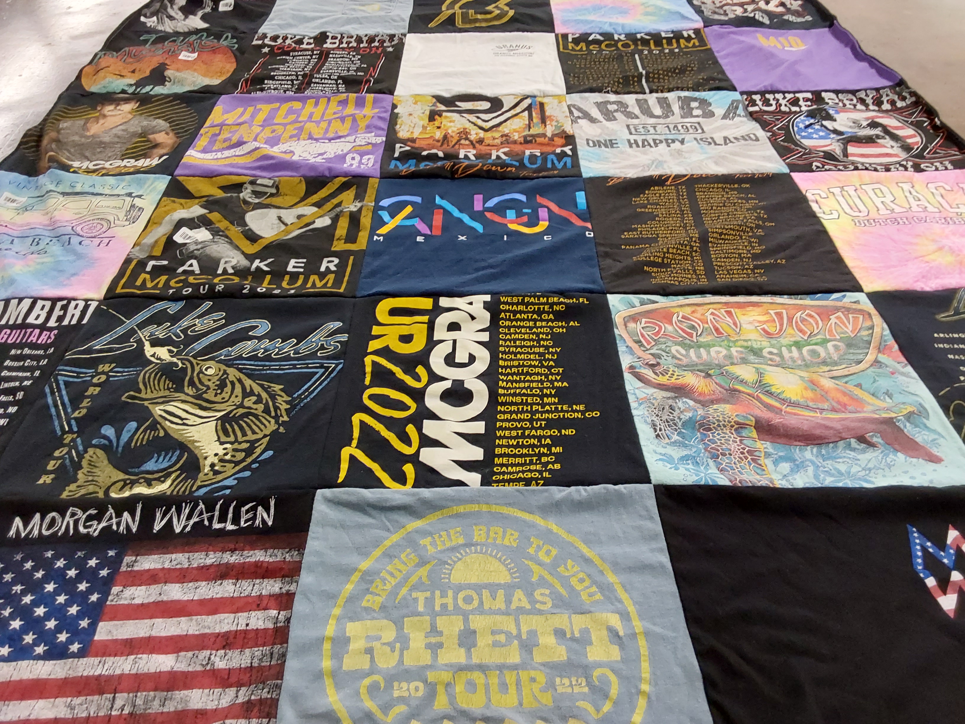 T-shirt quilt with country music, music concerts themes by Sadie from MO