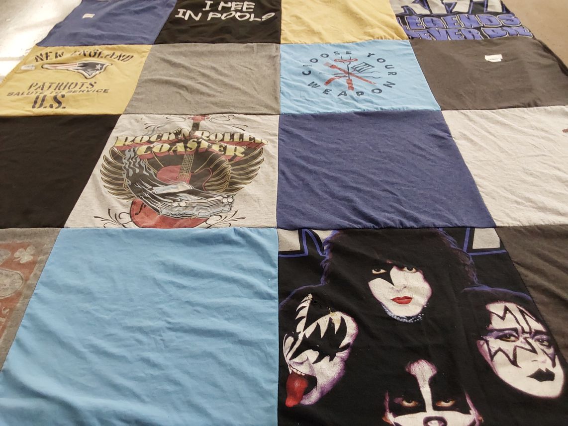 T-shirt quilt with music, sports themes by Lauren from MA