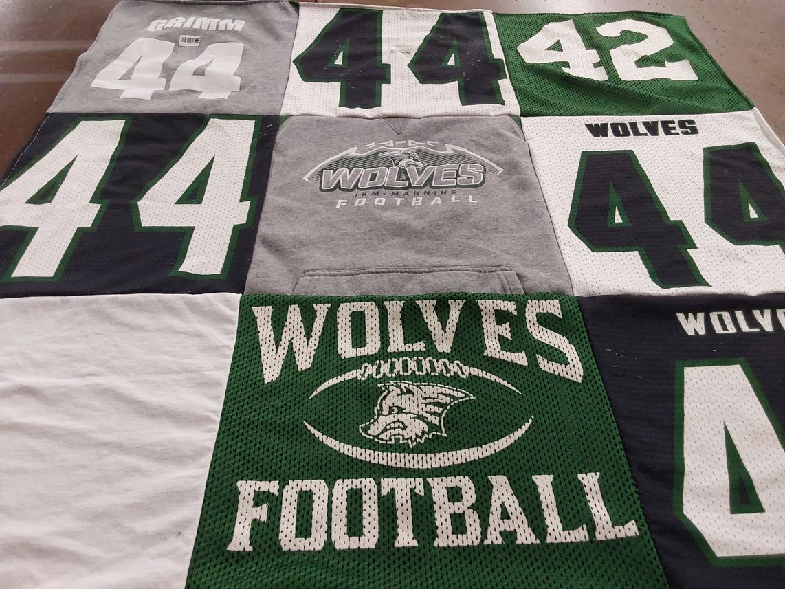 T-shirt quilt featuring wolves football by Jodi from IA