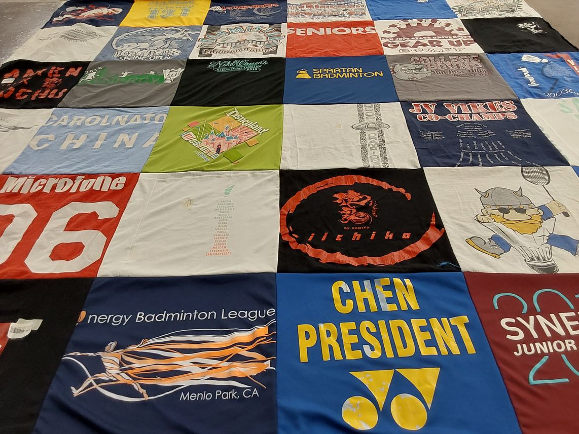 T-shirt quilt with badminton, sports themes by Carol from CA