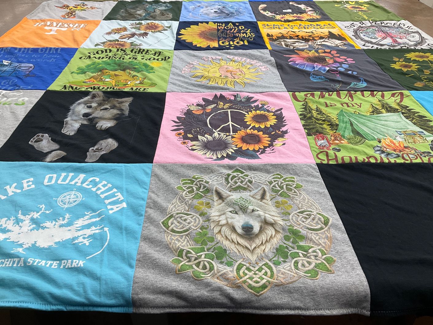 T-shirt quilt with camping, nature themes by Cecil from OK