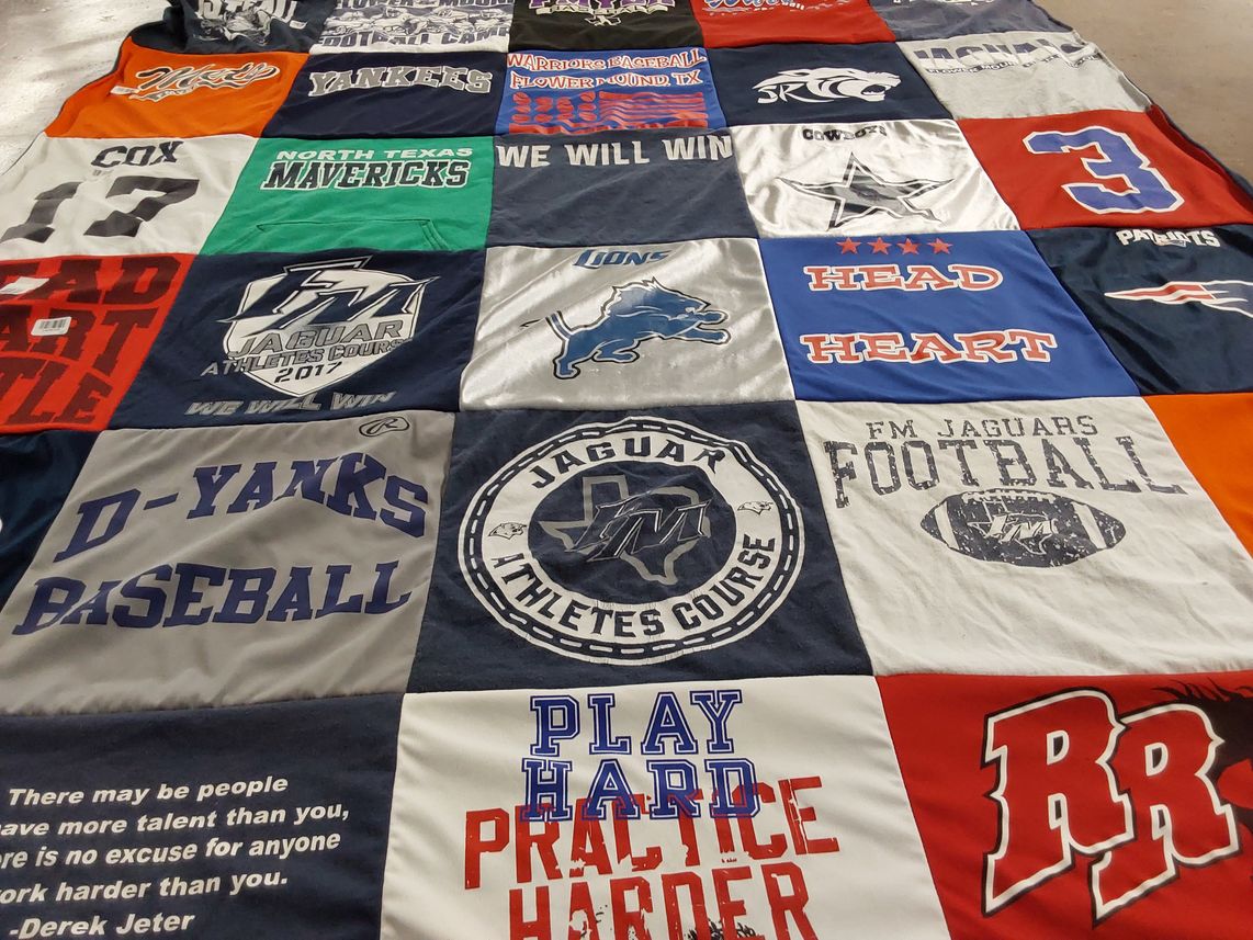 T-shirt quilt featuring d-yanks baseball, fm jaguars football by Britney from TX