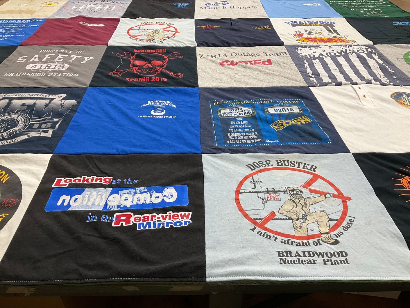 T-shirt quilt with safety, nuclear energy themes by Melissa from TN