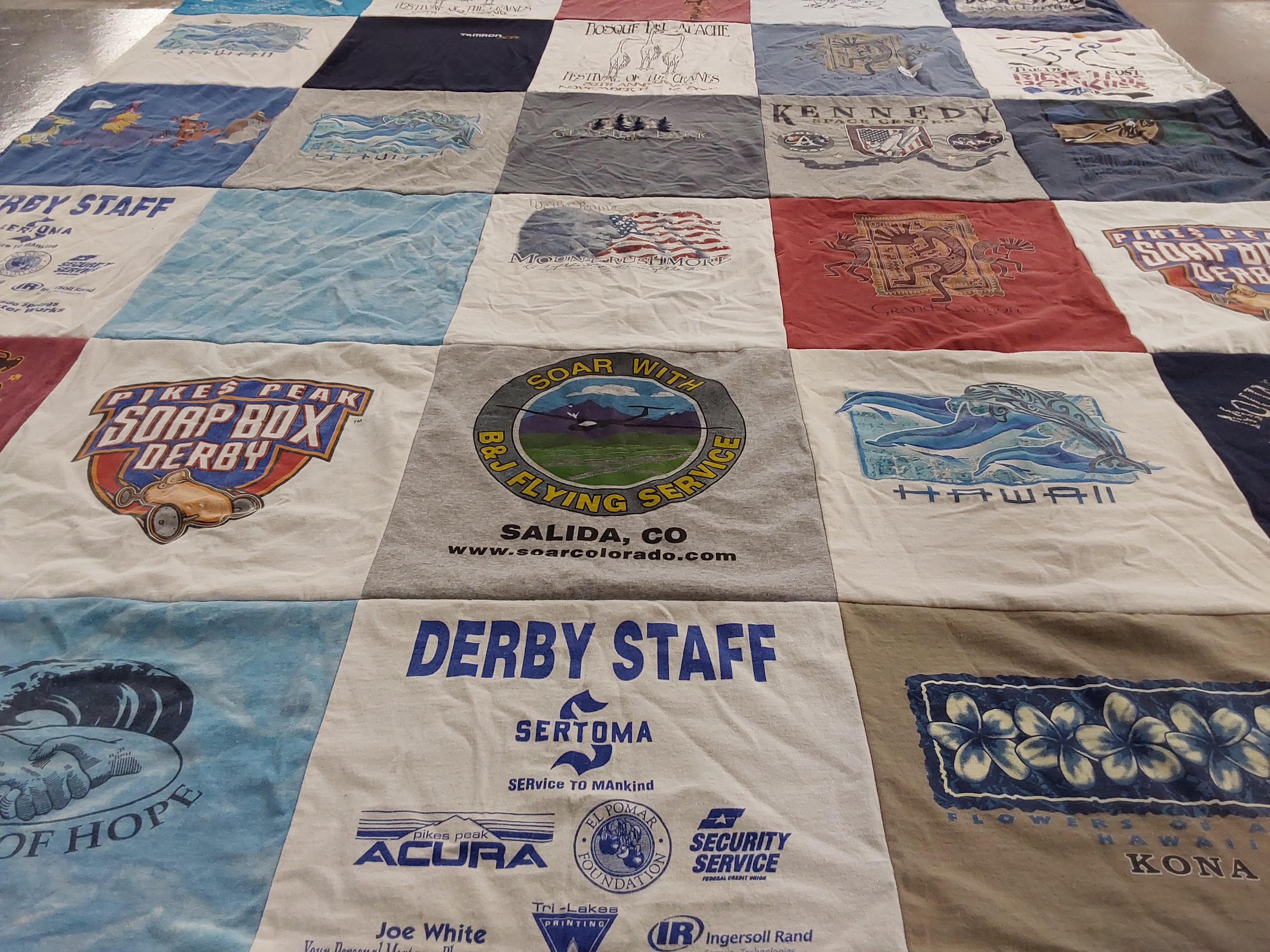 T-shirt quilt with soap box racing, flying themes by Kelly from CO