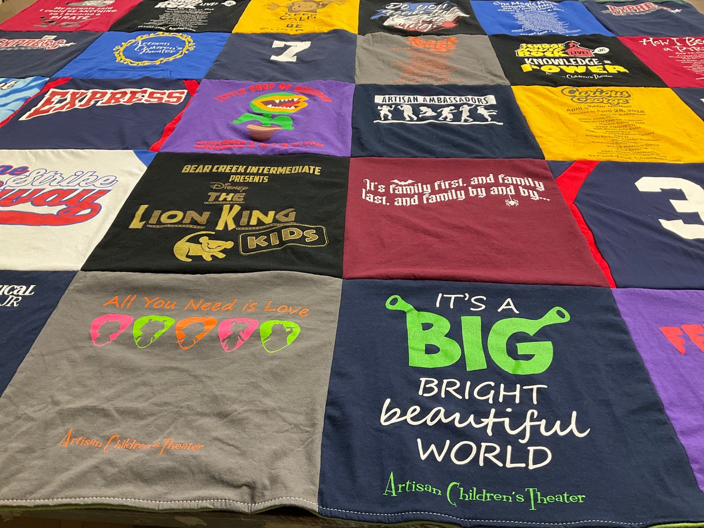 T-shirt quilt with performing arts, theater themes by Melanie from TX