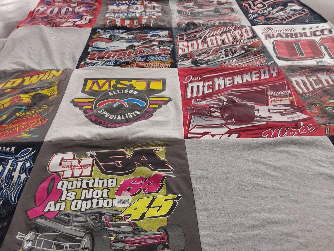 T-shirt quilt with racing, motorsports themes by Allison from FL