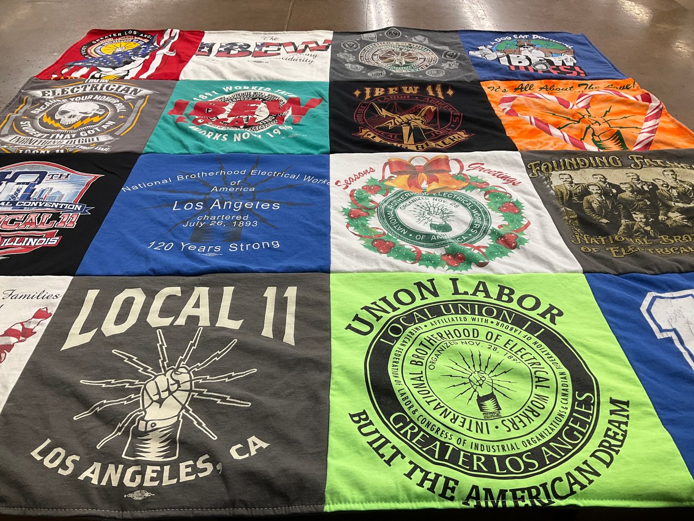 T-shirt quilt with labor unions, electrical work themes by Joe from CA