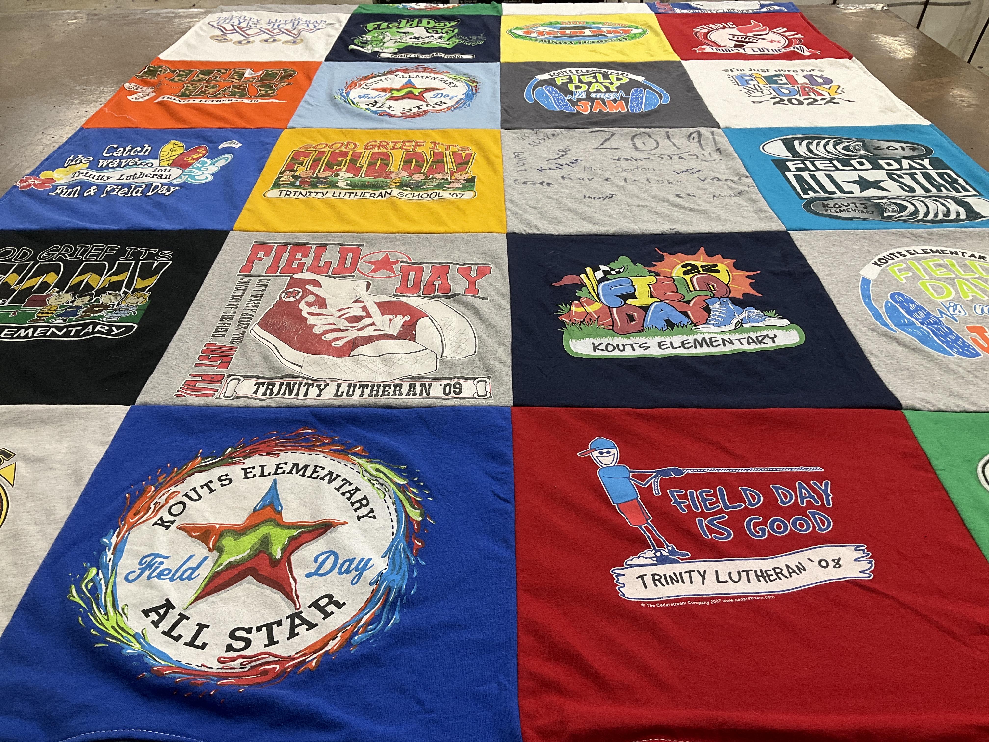 T-shirt quilt from trinity lutheran school, kouts elementary by Mary from IN