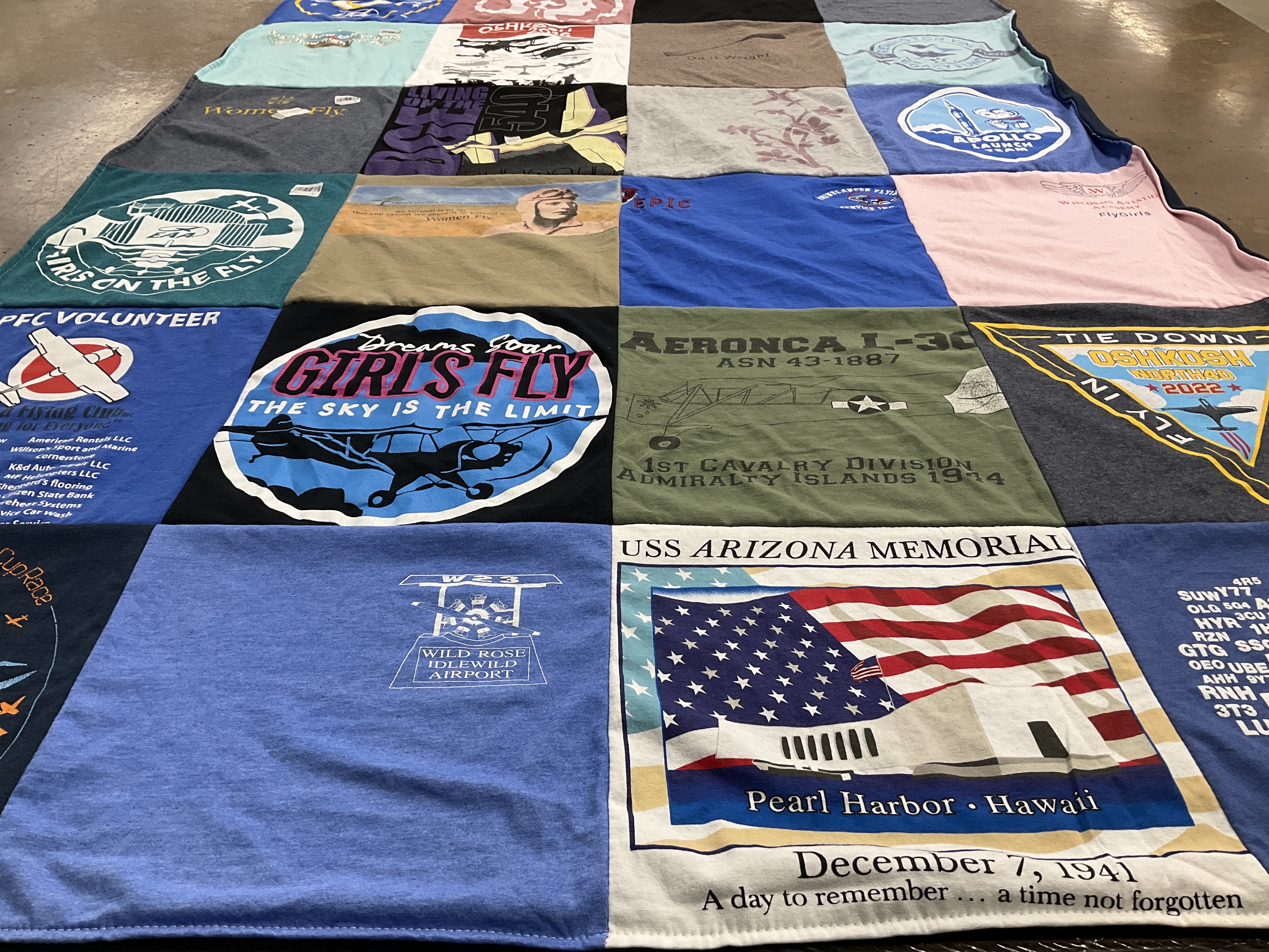 T-shirt quilt with aviation, history themes by Laurie from WI