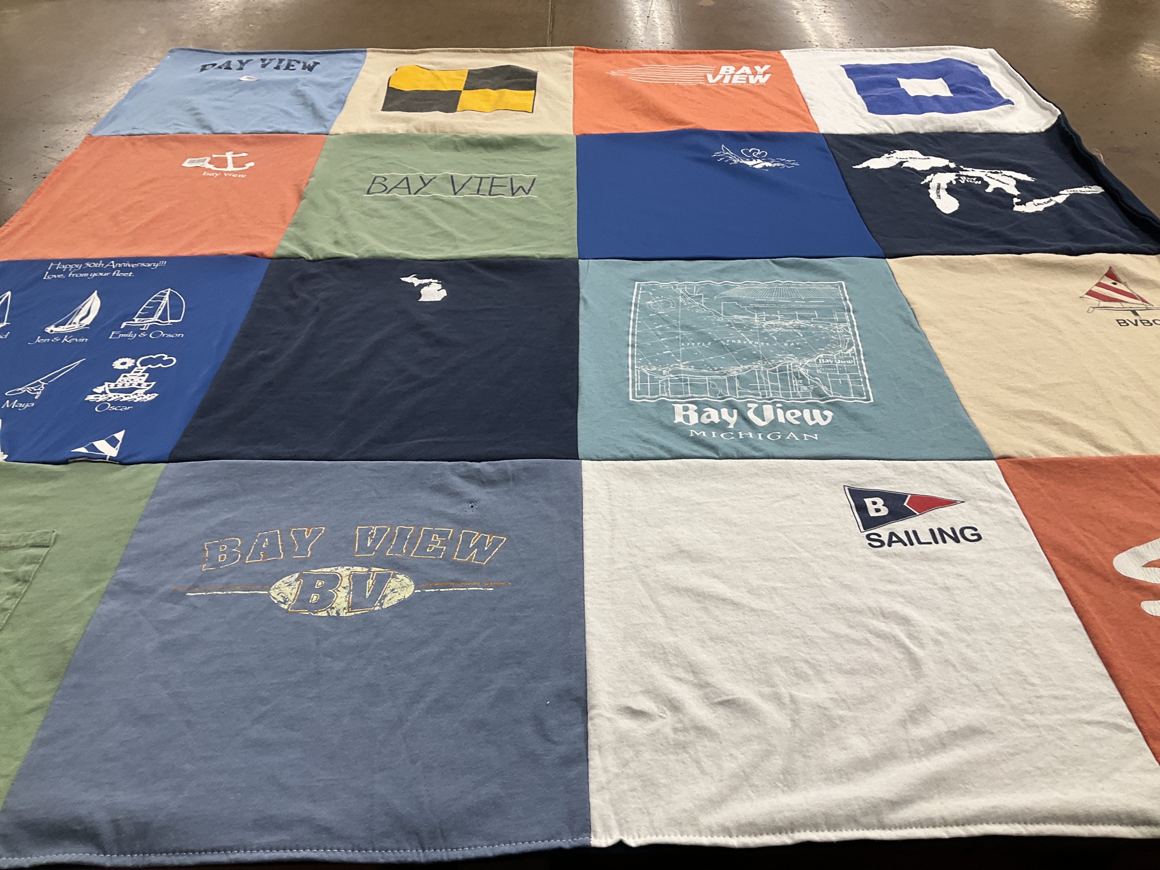 T-shirt quilt with sailing, lake activities themes by Jennifer from MD