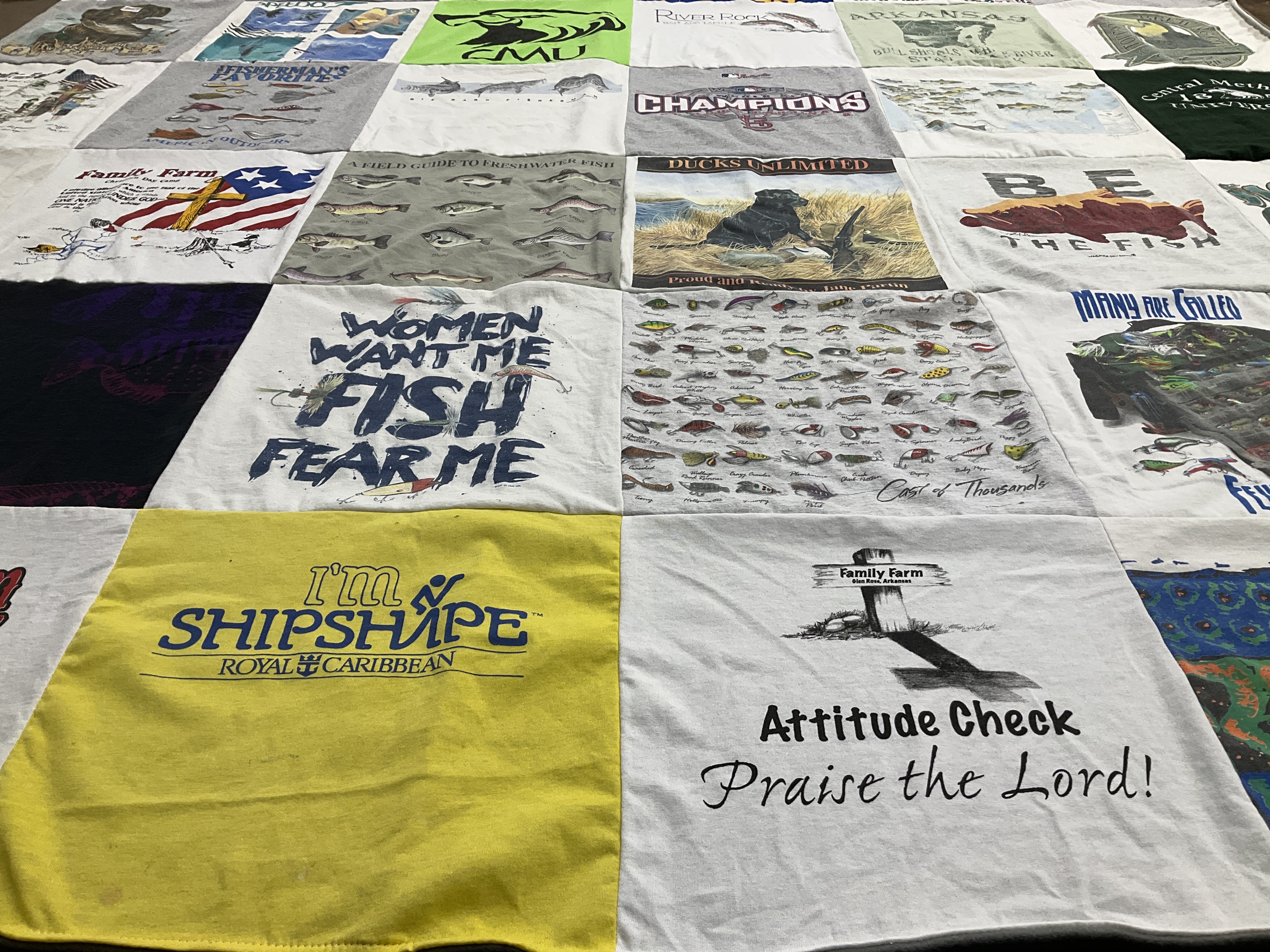 T-shirt quilt with fishing, outdoors themes by Jeanne from MO