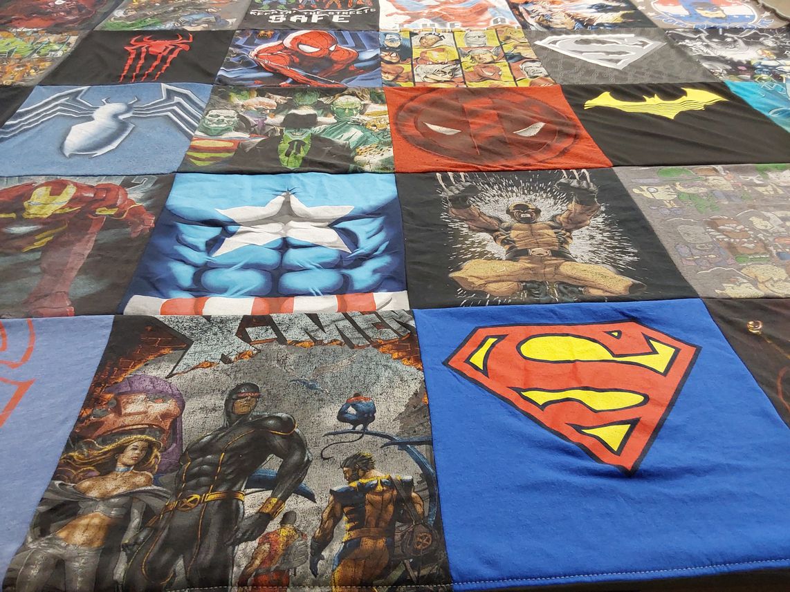 T-shirt quilt with comics, superheroes themes by Norma from VA
