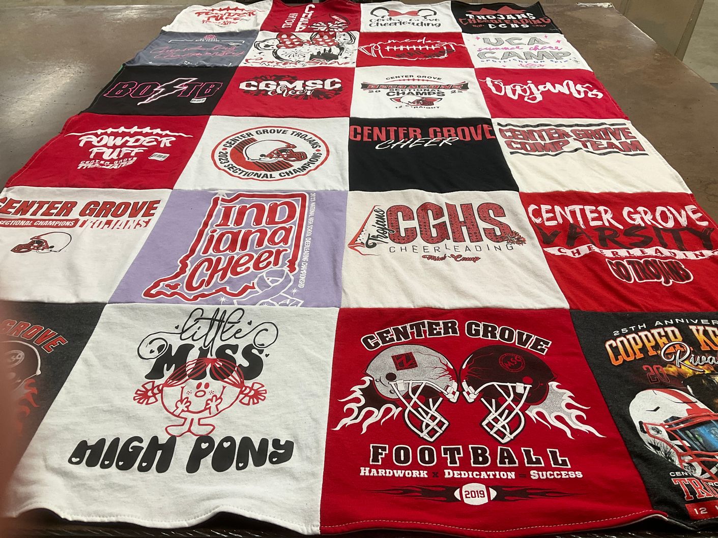 T-shirt quilt featuring center grove football, center grove cheerleading by Sara from IN