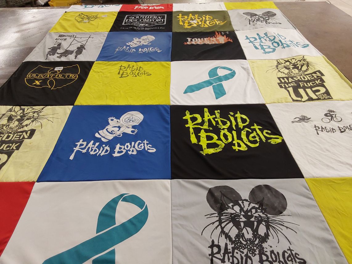 T-shirt quilt with music, skateboarding themes by Nicole from MI