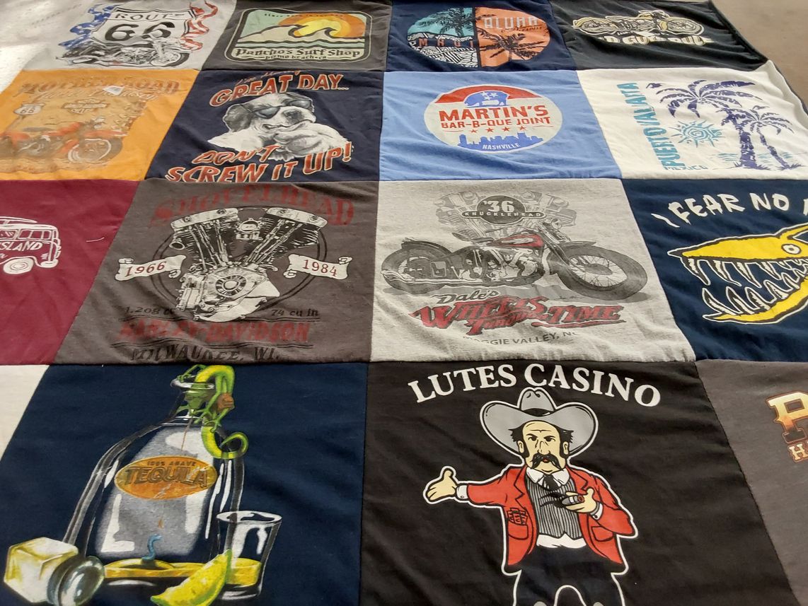 T-shirt quilt with motorcycles, barbecue themes by Diane from CA