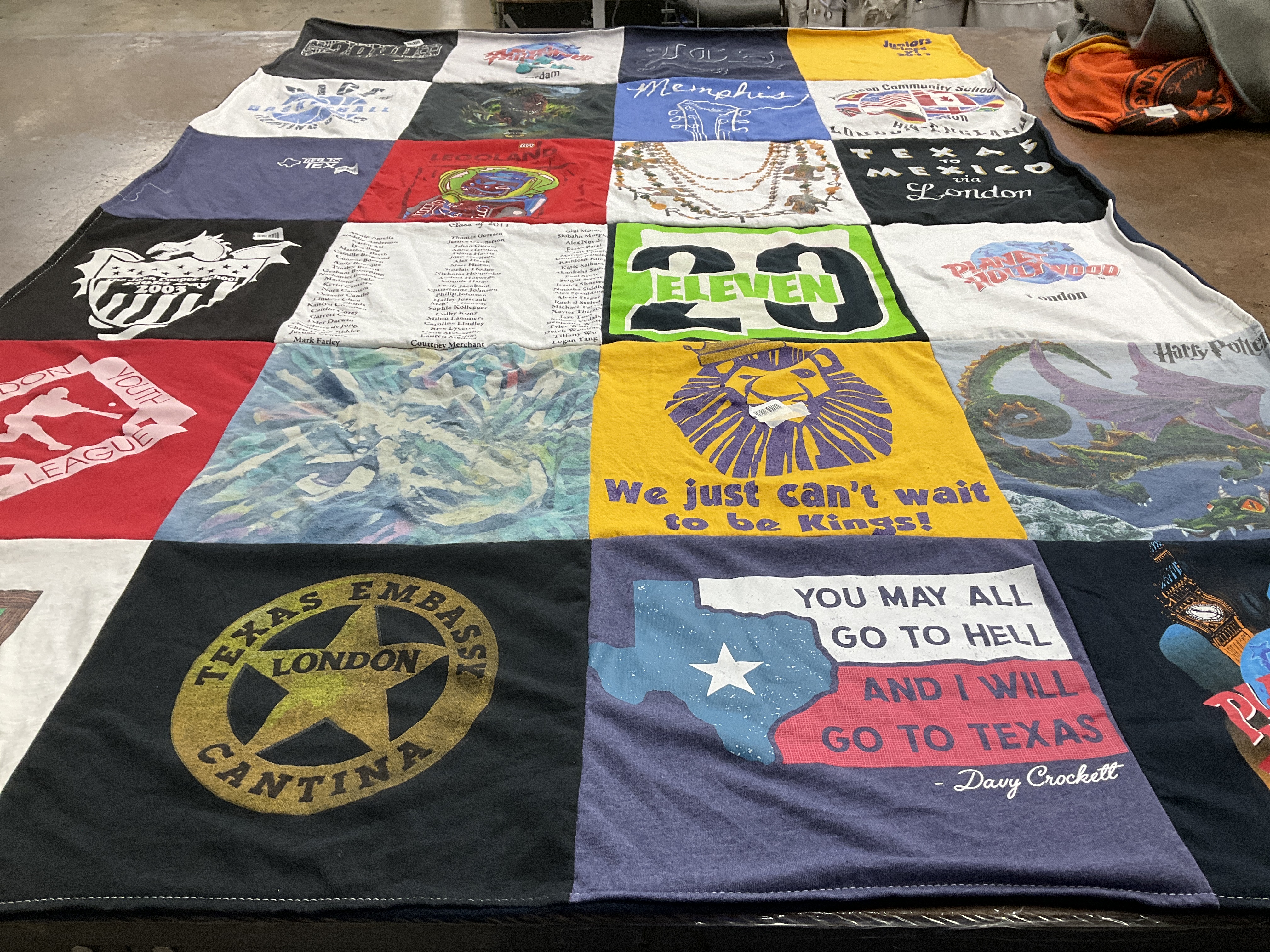 T-shirt quilt with travel, movies themes by Denise from TX