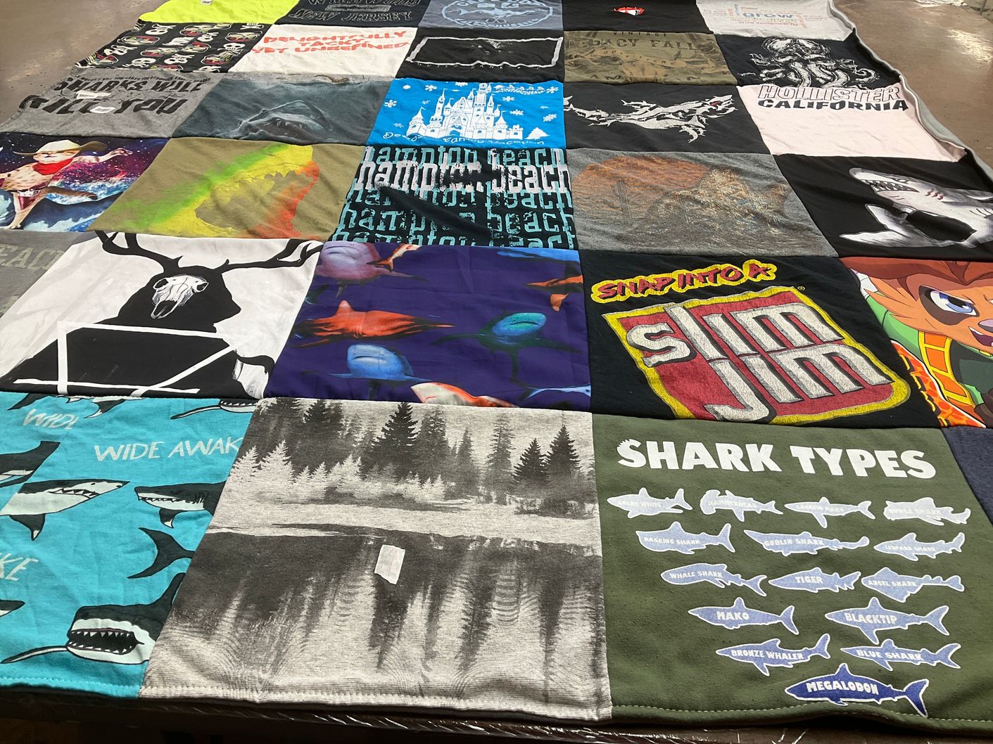 T-shirt quilt with sharks, nature themes by David from NC