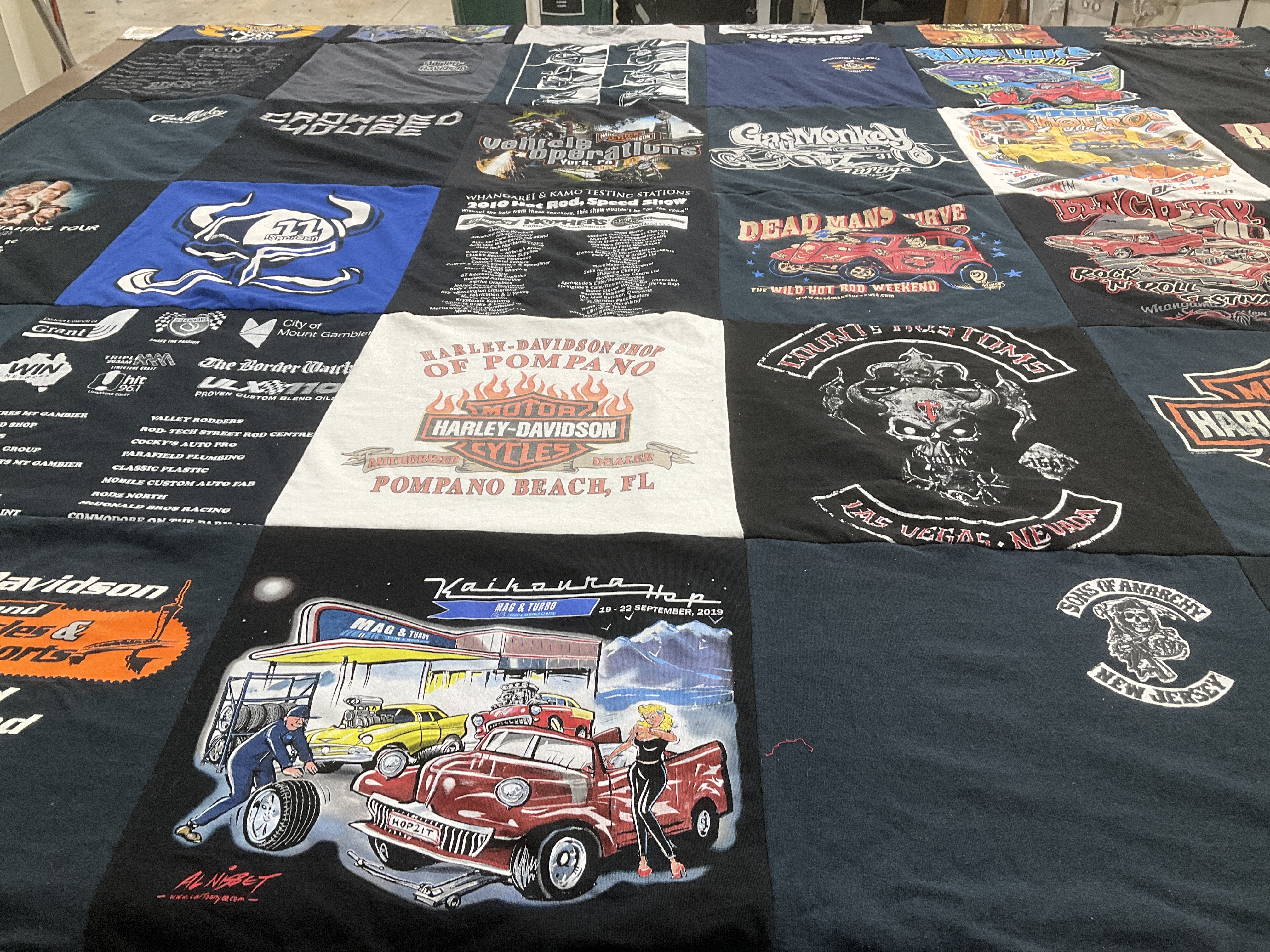 T-shirt quilt with motorcycles, cars themes by Michele from NJ