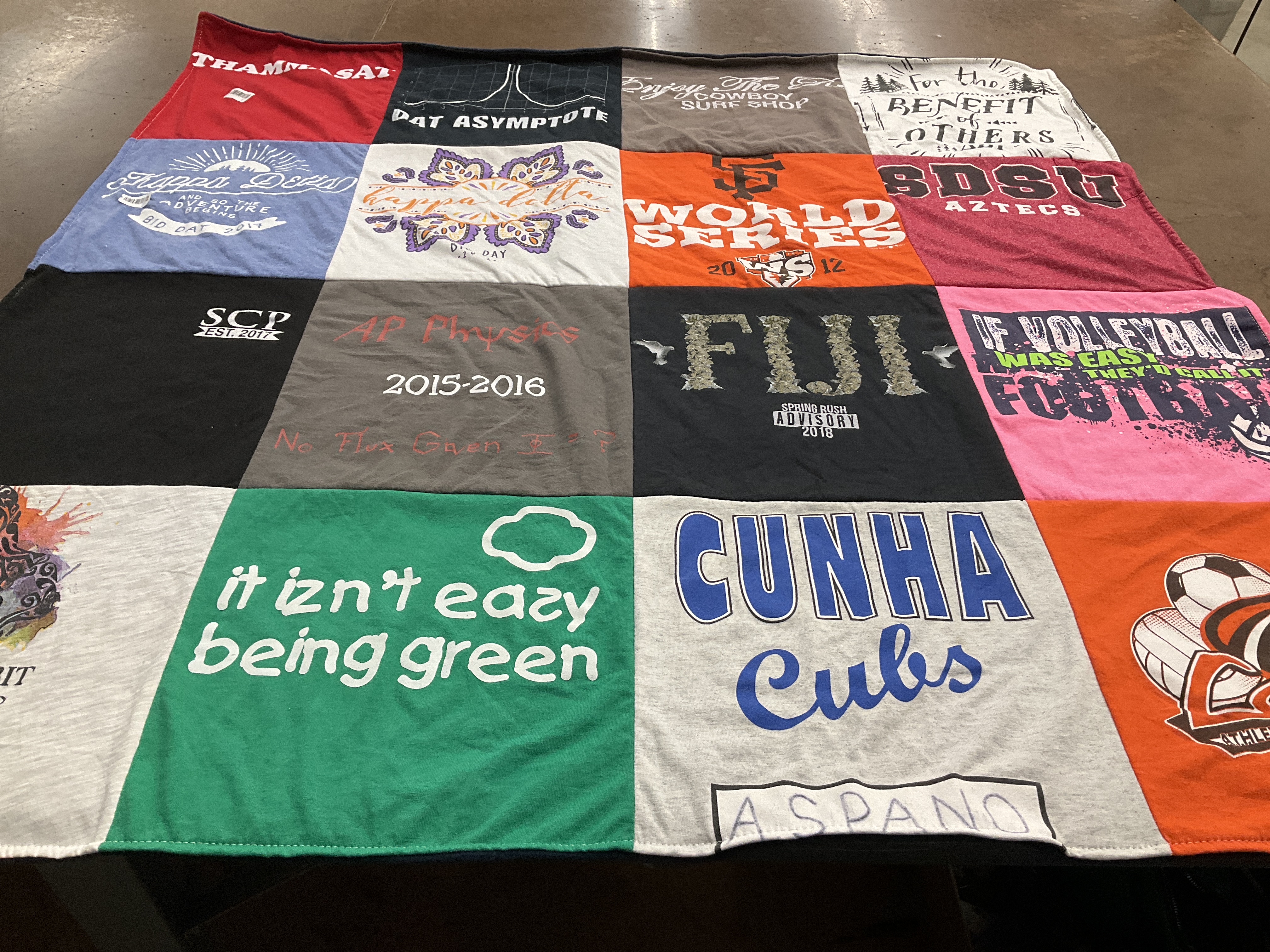 T-shirt quilt from san diego state university by Allegra from CA
