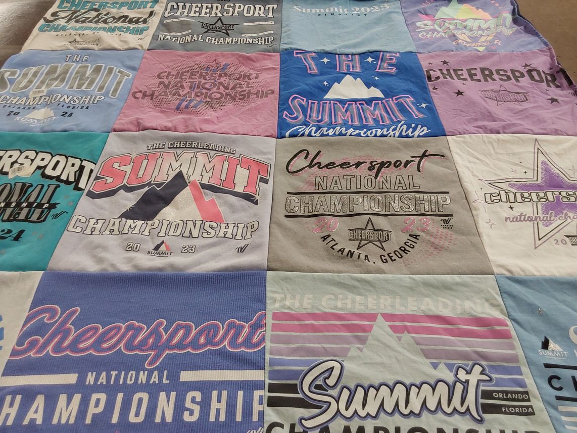 T-shirt quilt with cheerleading, competitive sports themes by MiChelle from PA