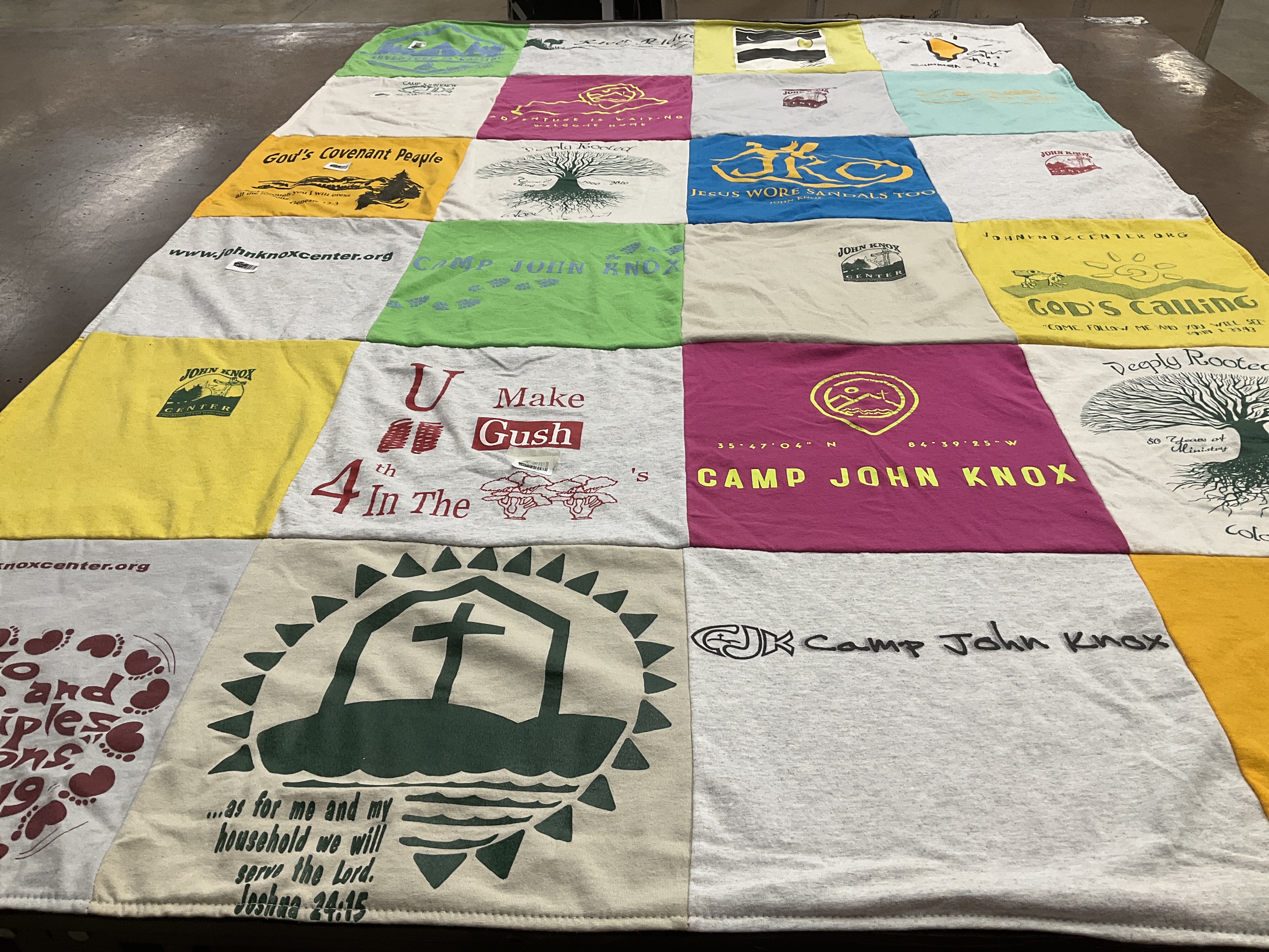 T-shirt quilt with religion, camping themes by Linda from TN