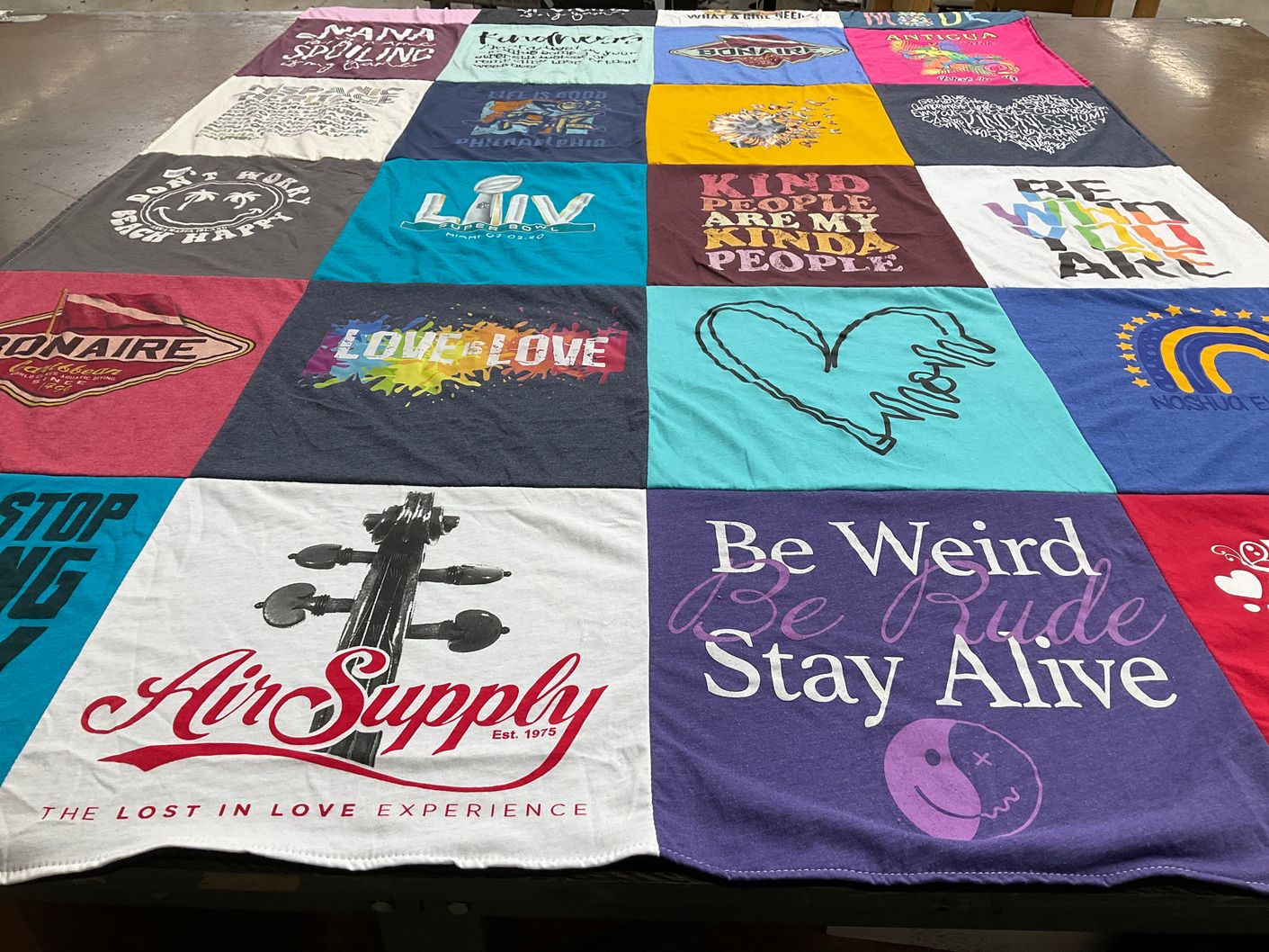 T-shirt quilt with music, positivity themes by Denise from MO